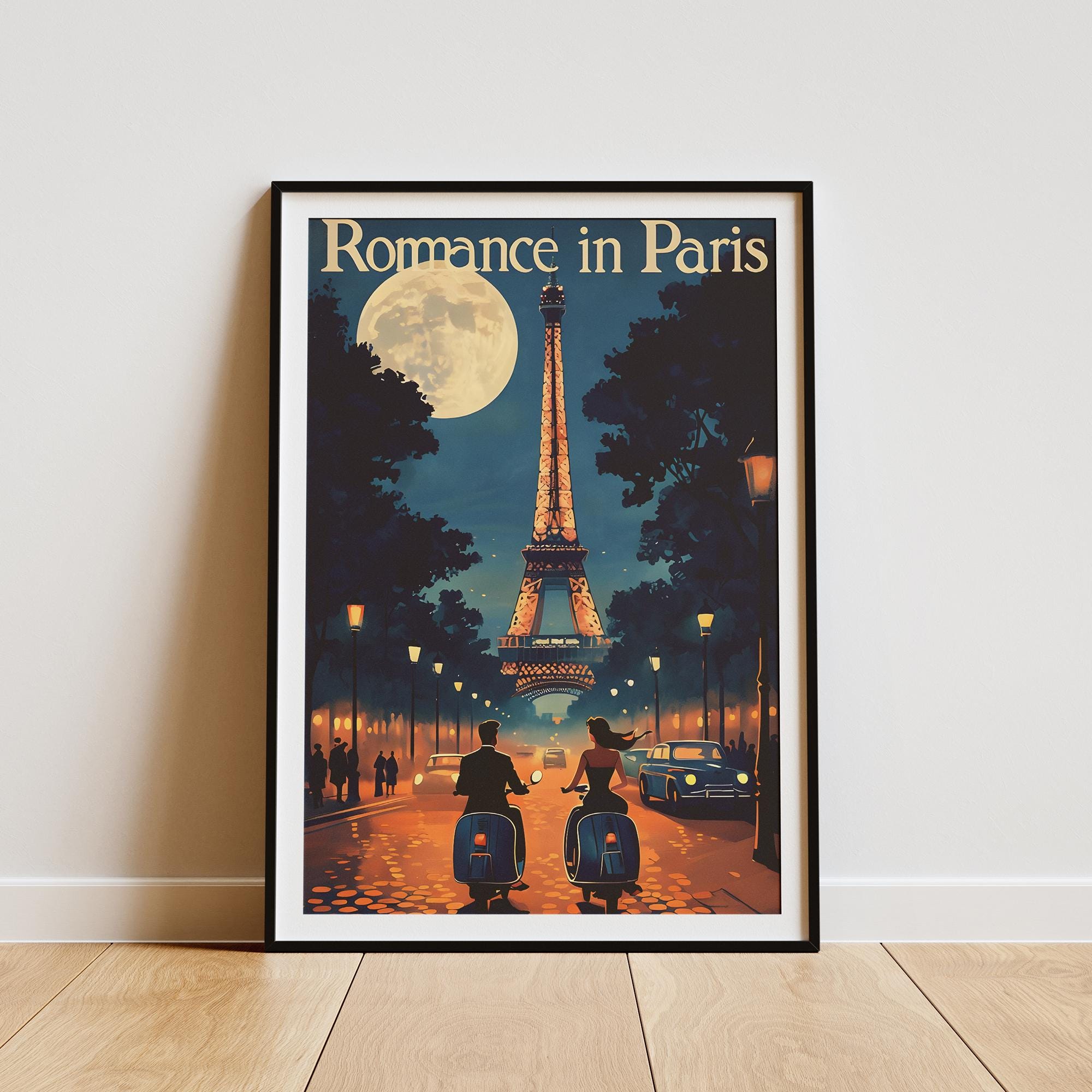 Romantic Paris Wall Art - Eiffel Tower Night Scene - Museum-Quality Poster with Durable Wooden Frame, Perfect Home Decor Gift