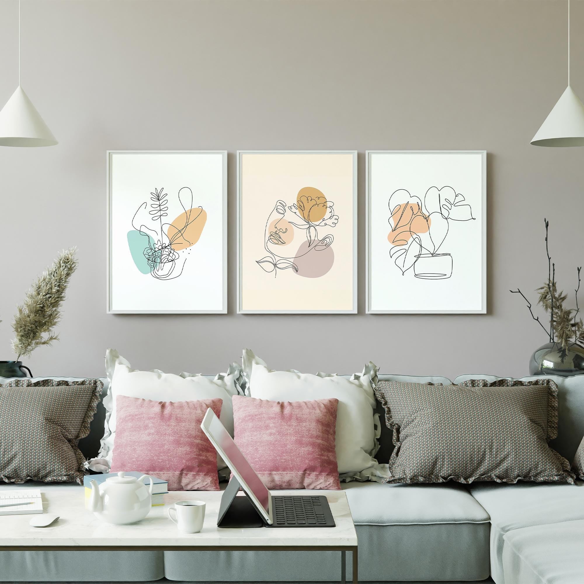 Boho Botanical Line Art Prints – Minimalist Plant & Face Wall Art Set of 3 – Neutral Abstract Poster for Modern Home Decor