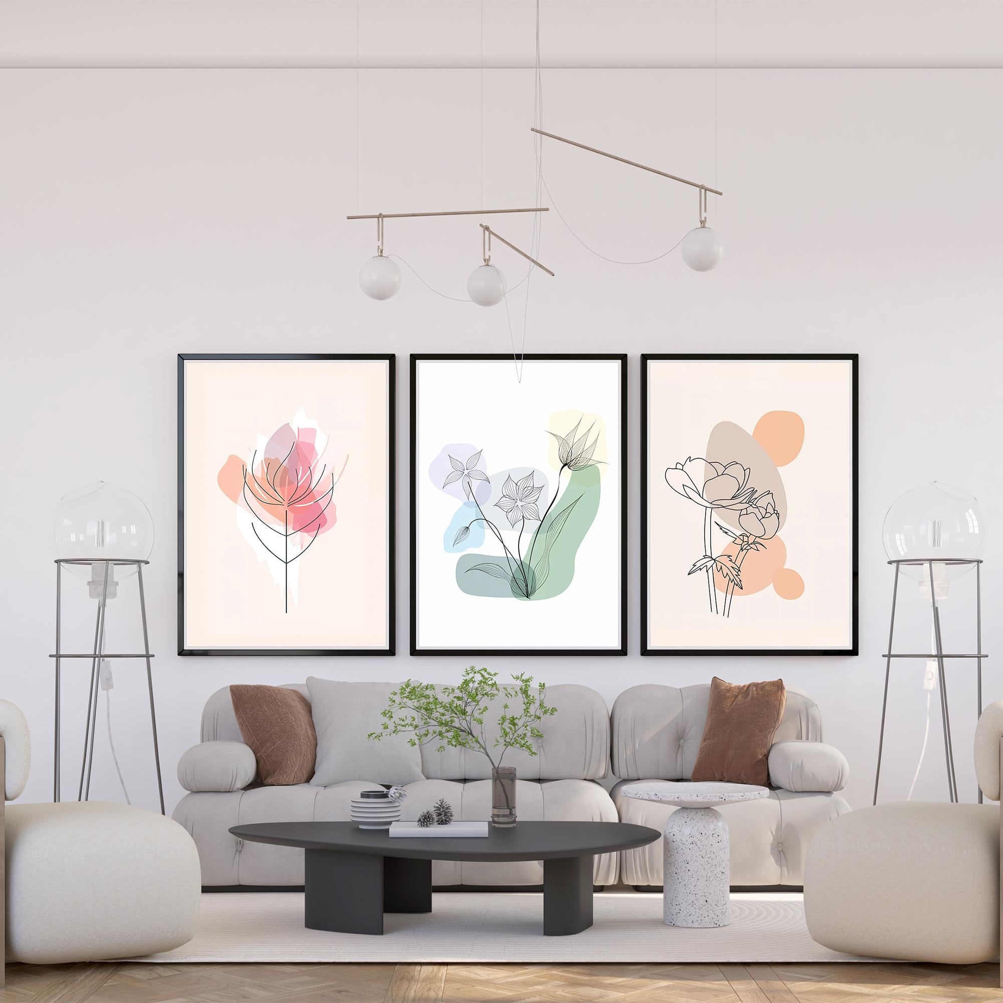 Modern Botanical Line Art Set of 3 – Minimalist Flower Wall Art Prints for Living Room, Bedroom, Office – Nordic Aesthetic Decor