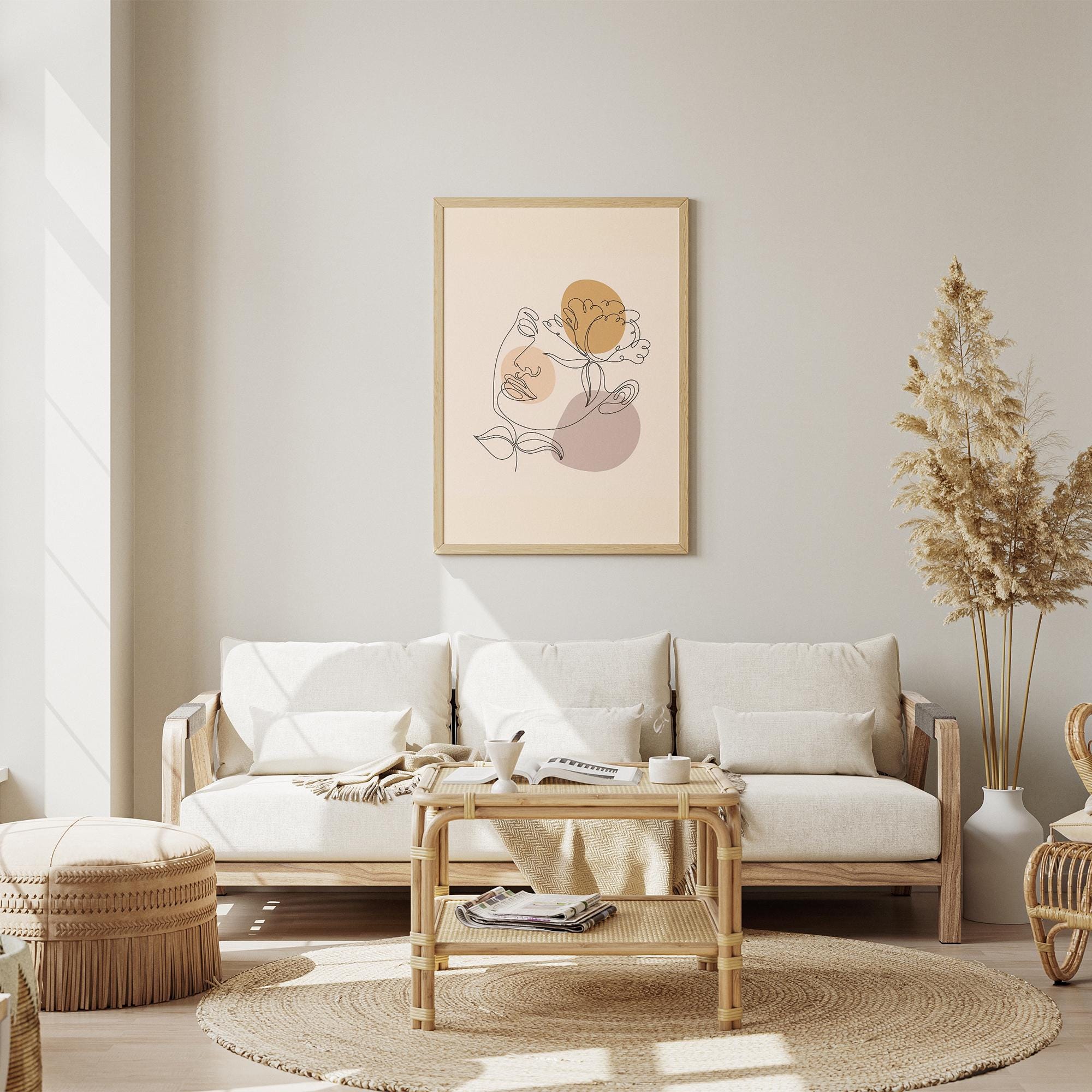 Modern One Line Face Art Print – Minimalist Floral Abstract Wall Art, Neutral Boho Canvas & Framed Poster, Aesthetic Home Decor