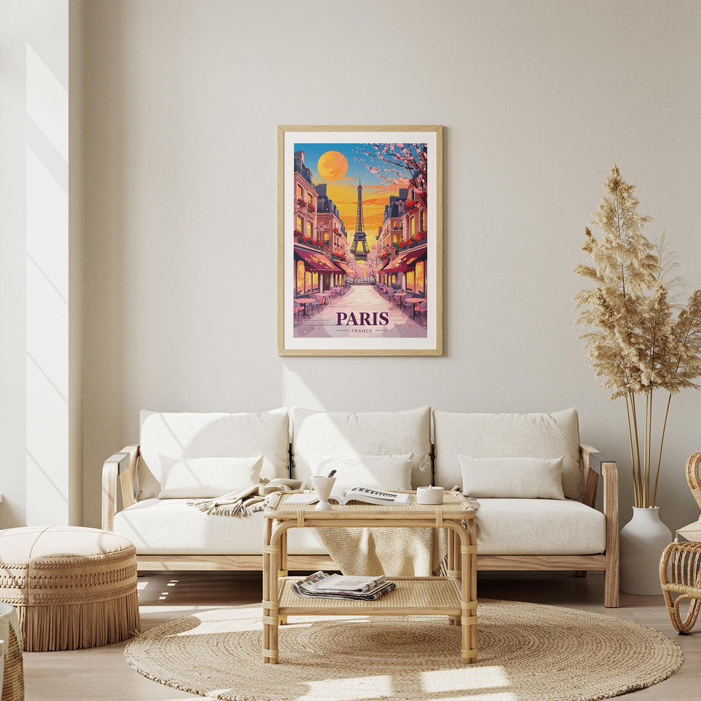 Paris Sunset Poster - Eiffel Tower Wall Art - Romantic Parisian Street - Framed & Unframed Options - Home and Cafe Decor
