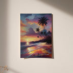 Tropical Sunset Beach Wall Art | Palm Tree Canvas Print | Ocean Sunset Decor | Vibrant Seascape Painting | Framed or Unframed Poster