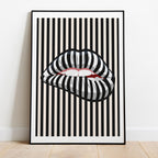 Modern Optical Illusion Art Print - Striped Lips Design, Premium Matte Paper, Durable Wood Frame in Black, White, or Natural Finish