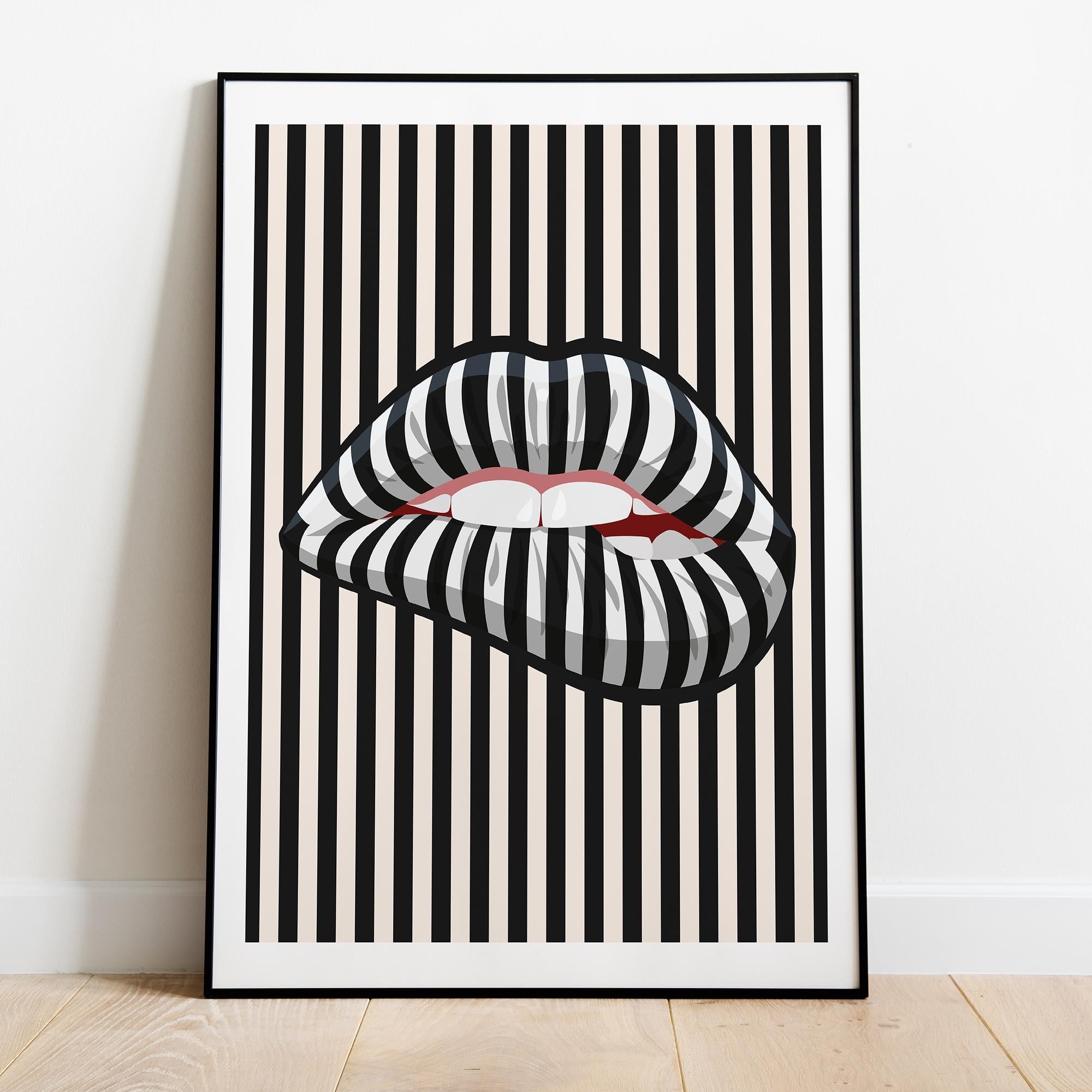 Modern Optical Illusion Art Print - Striped Lips Design, Premium Matte Paper, Durable Wood Frame in Black, White, or Natural Finish
