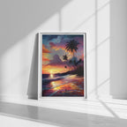 Tropical Sunset Beach Wall Art | Palm Tree Canvas Print | Ocean Sunset Decor | Vibrant Seascape Painting | Framed | Digital Print