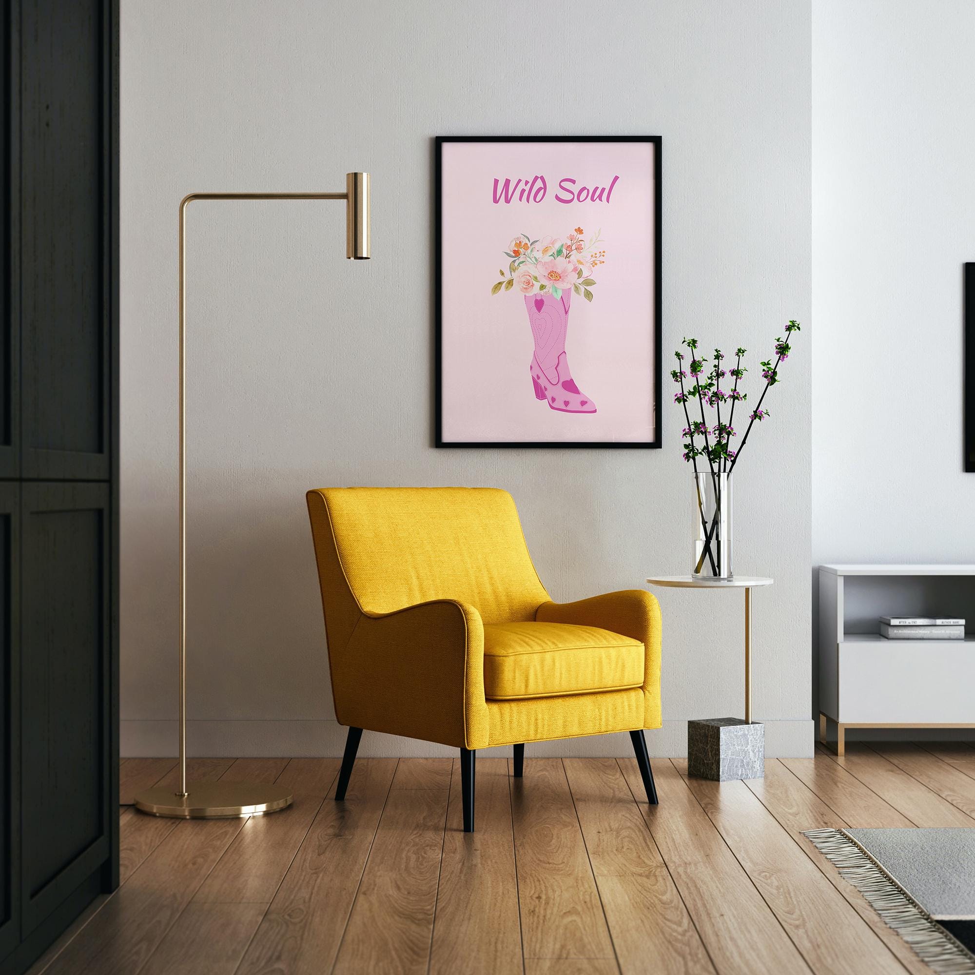 Wild Soul Cowboy Boot Floral Poster - Museum-Quality Matte Paper Print with Solid Wood Frame - Available in White, Black & Natural Wood
