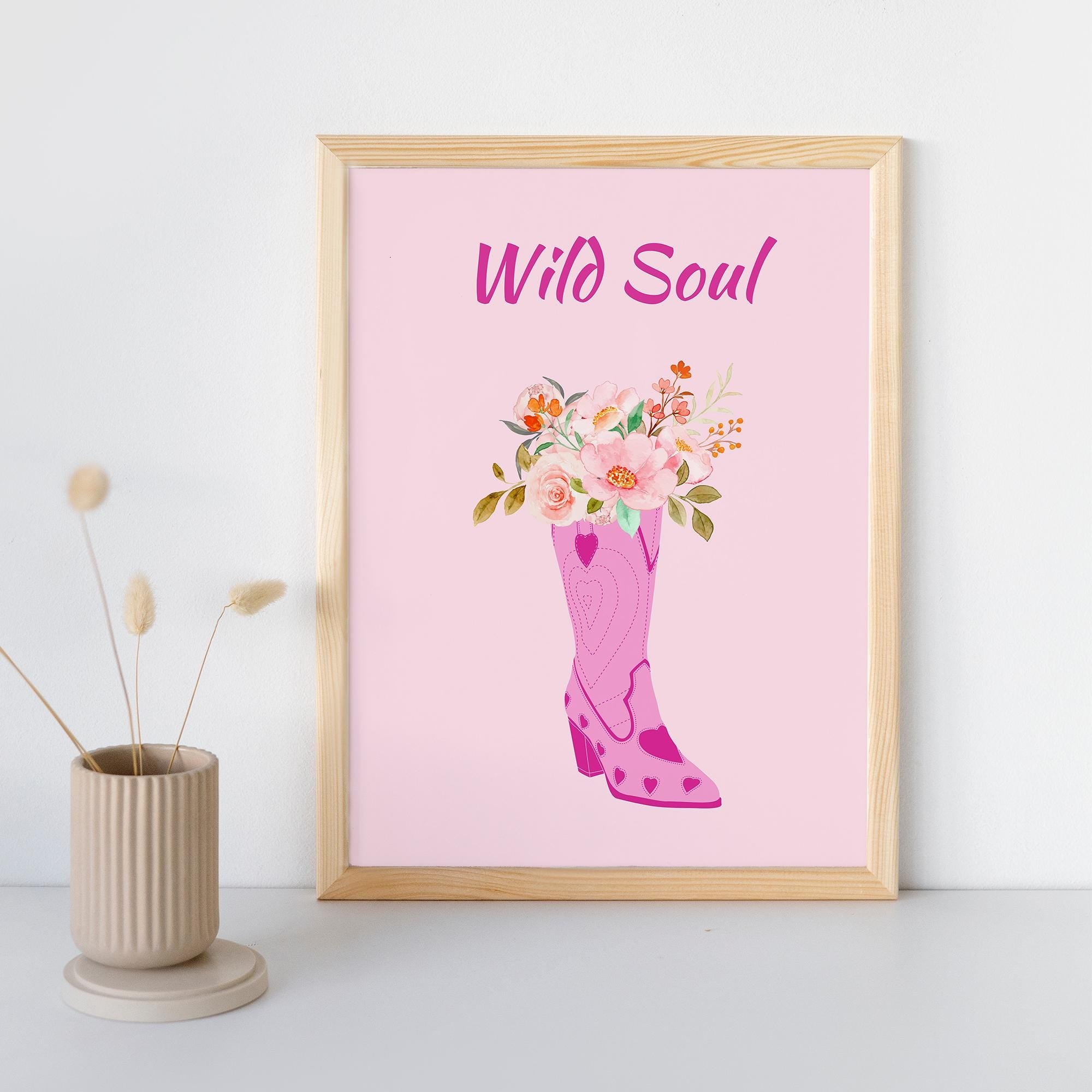 Wild Soul Cowboy Boot Floral Poster - Museum-Quality Matte Paper Print with Solid Wood Frame - Available in White, Black & Natural Wood