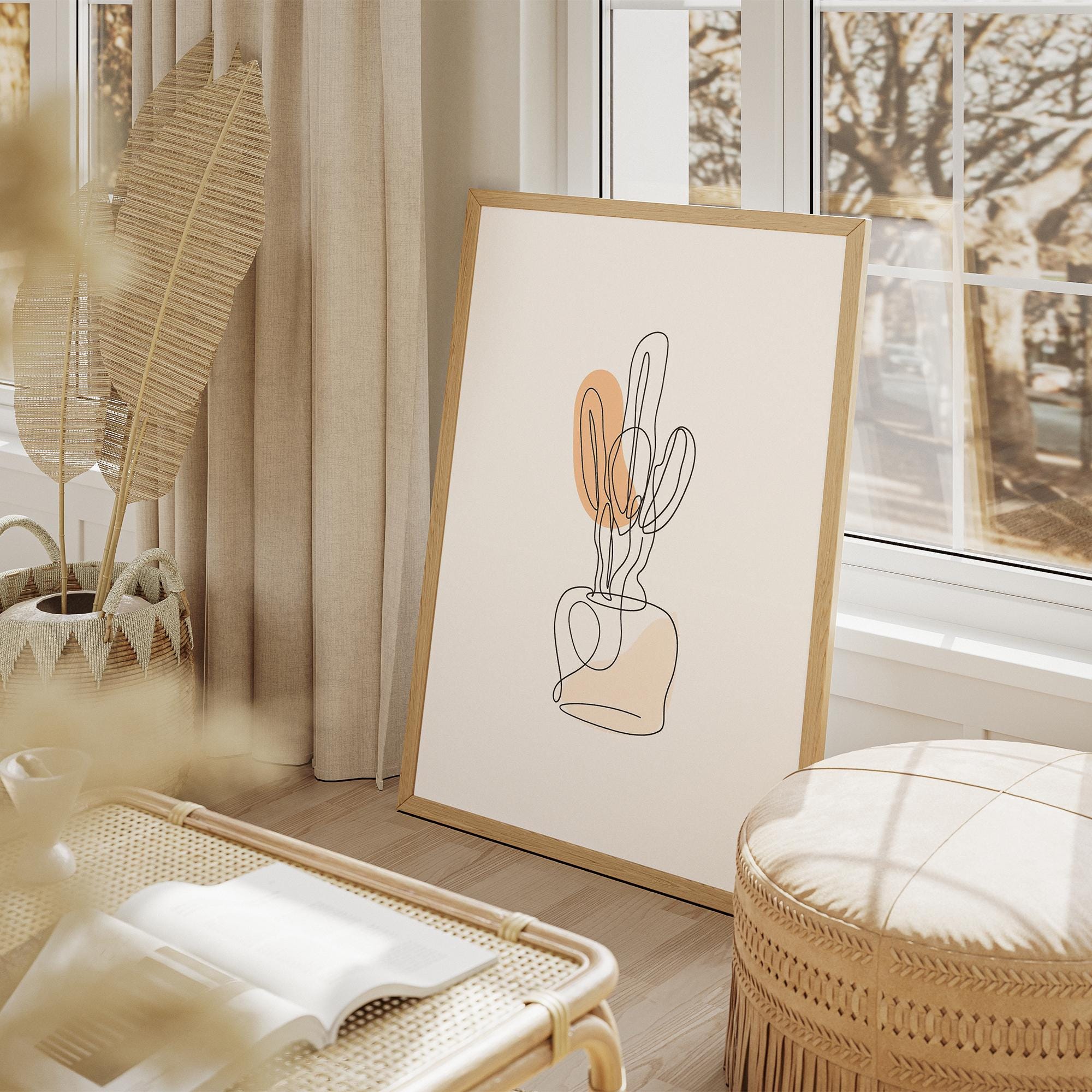 Minimalist Line Art Cactus Print – Modern Boho Wall Art, Abstract Botanical Drawing, Scandinavian Poster, Neutral Aesthetic Decor