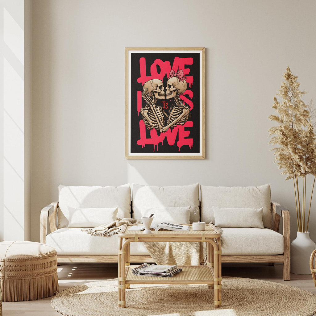 Skeletal Figures Embracing Poster - Love Is Love Art Print - Premium Framed, Museum-Quality Paper, Sustainable Materials - 15 Sizes
