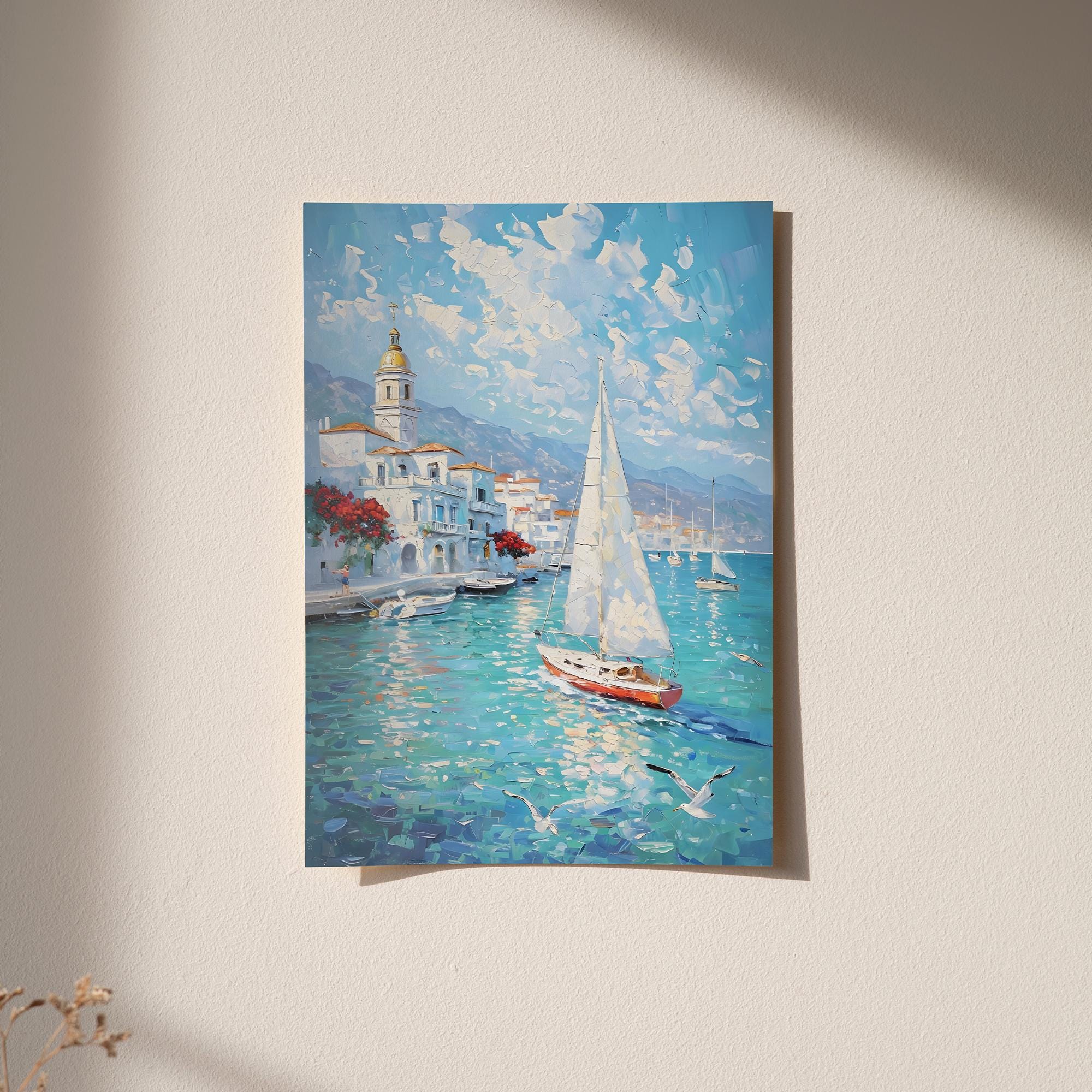 Coastal Impressionist Canvas Print – Mediterranean Seaside Art, Framed Wall Decor, Nautical Sailboat Painting, Ocean Blue Digital Download