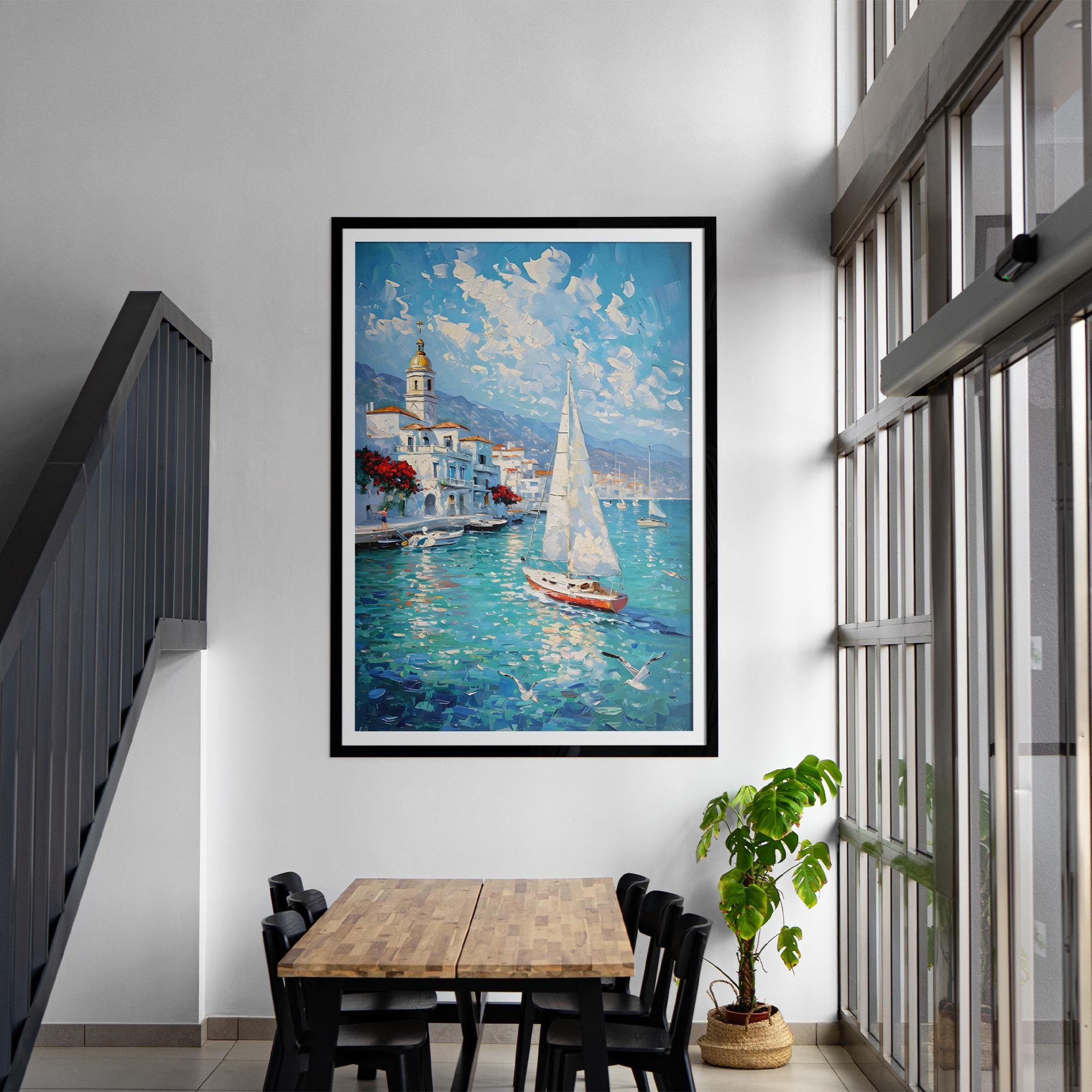 Coastal Impressionist Canvas Print – Mediterranean Seaside Art, Framed Wall Decor, Nautical Sailboat Painting, Ocean Blue Digital Download