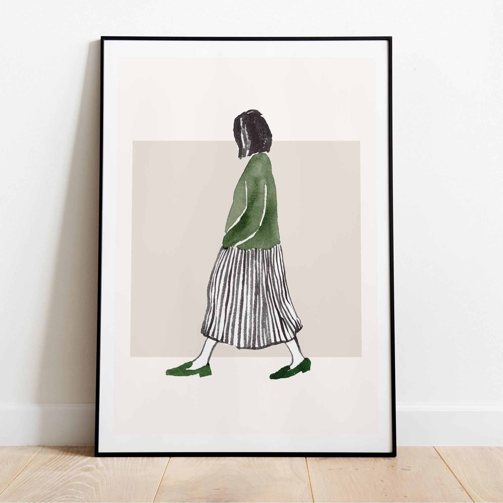 Minimalist Walking Woman Poster - Museum-Quality Matte Paper with Durable Wooden Frame, Available in Black, White, and Wood - 15 Sizes