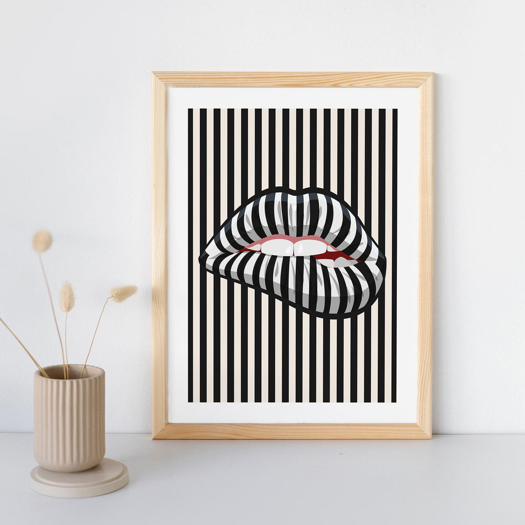 Modern Optical Illusion Art Print - Striped Lips Design, Premium Matte Paper, Durable Wood Frame in Black, White, or Natural Finish