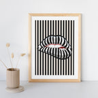 Modern Optical Illusion Art Print - Striped Lips Design, Premium Matte Paper, Durable Wood Frame in Black, White, or Natural Finish