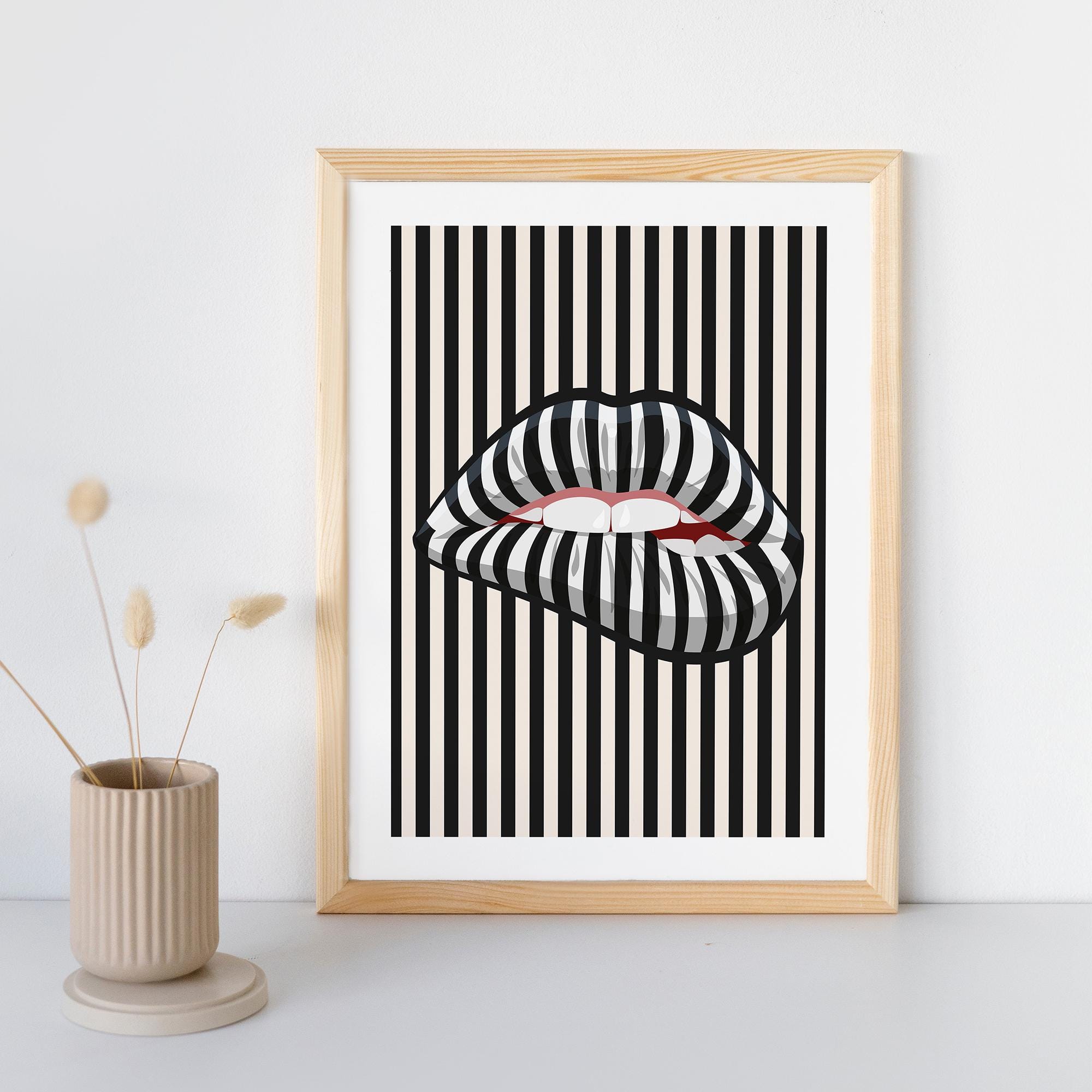 Modern Optical Illusion Art Print - Striped Lips Design, Premium Matte Paper, Durable Wood Frame in Black, White, or Natural Finish