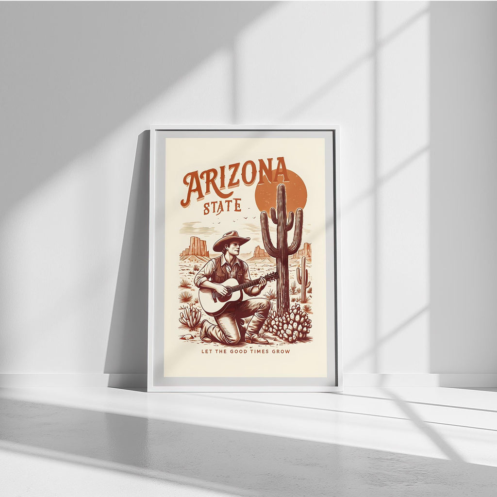 Arizona Desert Cowboy Art | Framed Poster or Canvas | Guitar & Cactus Wall Decor | Premium Quality | Multiple Sizes Frame Colors