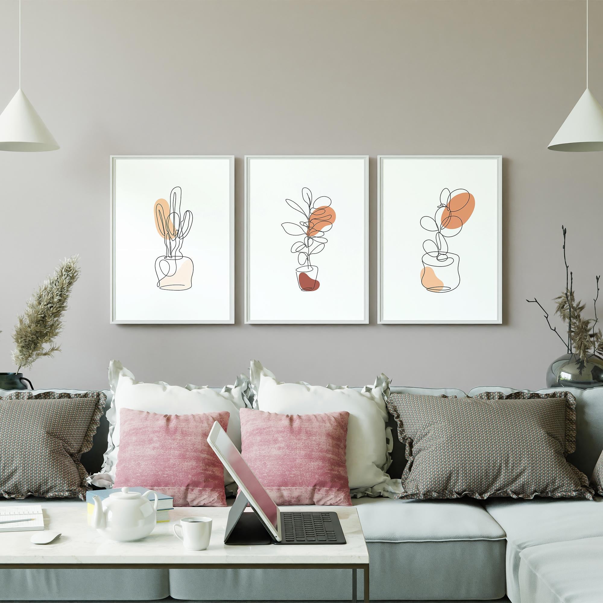 Minimalist Line Art Plant Set - 3 Piece Botanical Wall Art, Abstract Plant Prints, Scandinavian Decor, Modern Home Office Artwork
