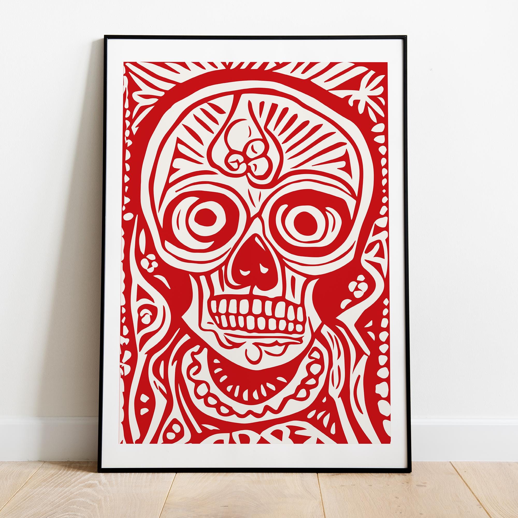 Bold Red Skull Art Print - Museum Quality, Framed in Durable Wood, Ready to Hang, High-Quality Paper, Perfect for Art Lovers!