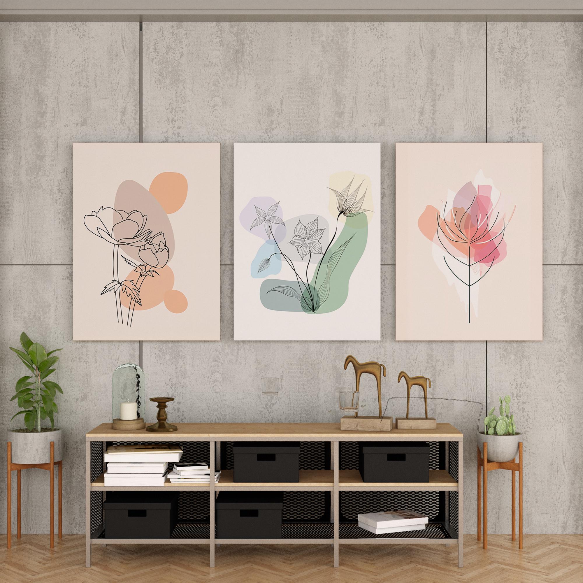 Modern Botanical Line Art Set of 3 – Minimalist Flower Wall Art Prints for Living Room, Bedroom, Office – Nordic Aesthetic Decor