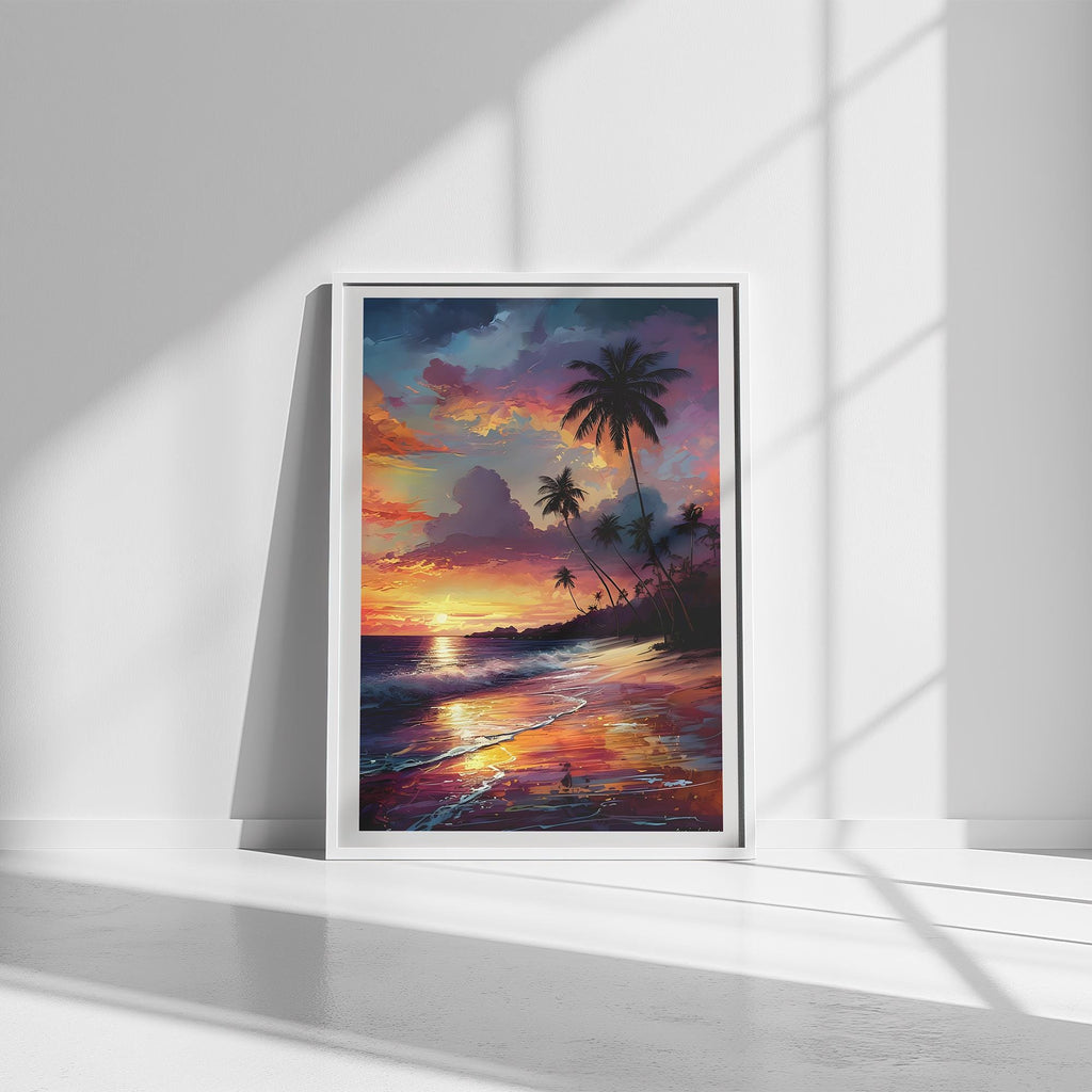 Tropical Sunset Beach Wall Art | Palm Tree Canvas Print | Ocean Sunset Decor | Vibrant Seascape Painting | Framed or Unframed Poster