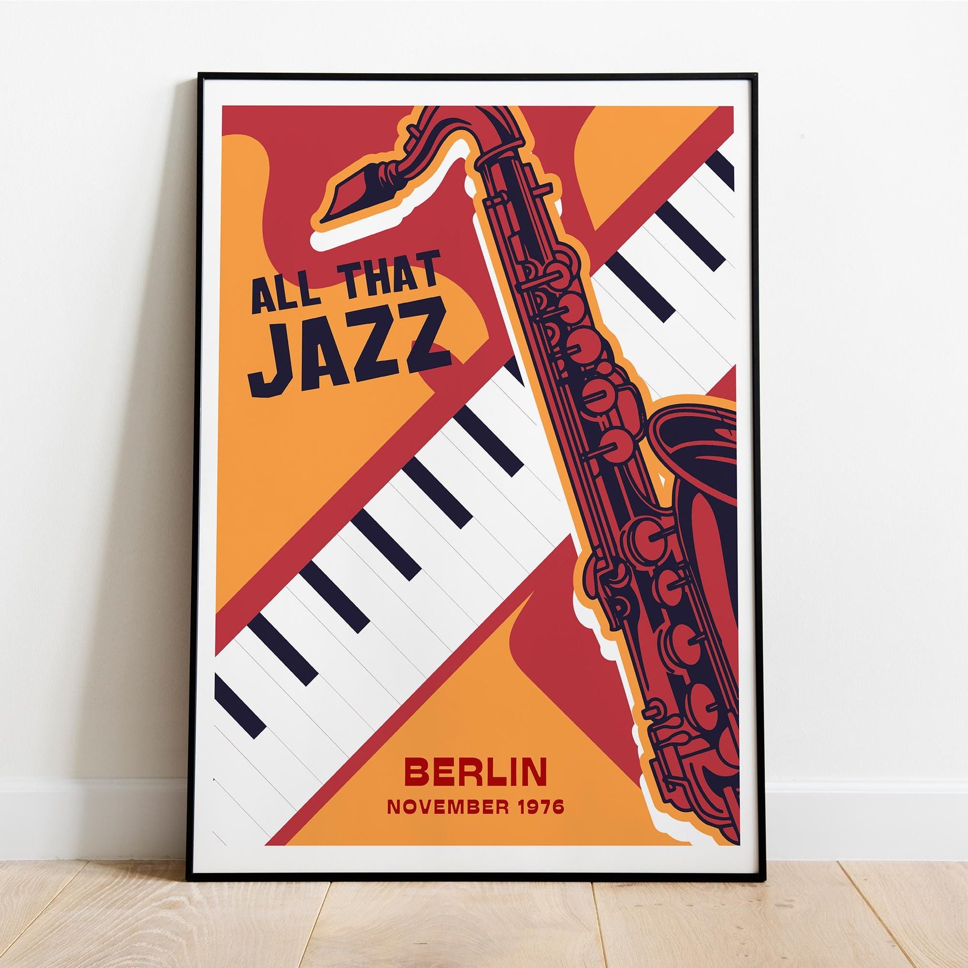 All That Jazz Framed Poster - Museum-Quality Matte Paper, Wood Frame - Saxophone & Piano Artwork, 1976 Berlin Jazz Concert Print