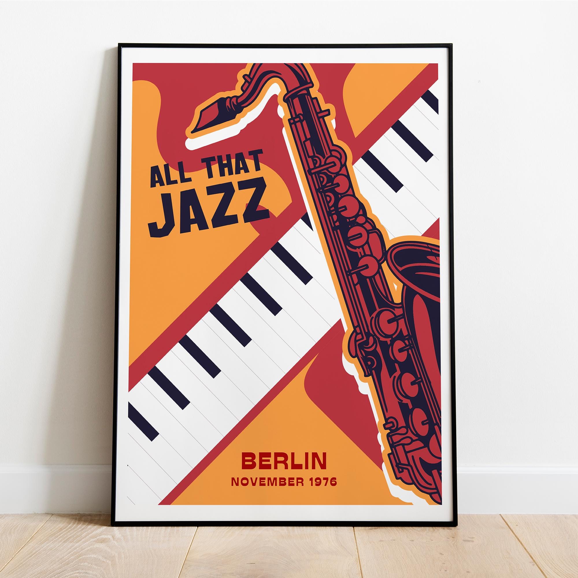 All That Jazz Framed Poster - Museum-Quality Matte Paper, Wood Frame - Saxophone & Piano Artwork, 1976 Berlin Jazz Concert Print