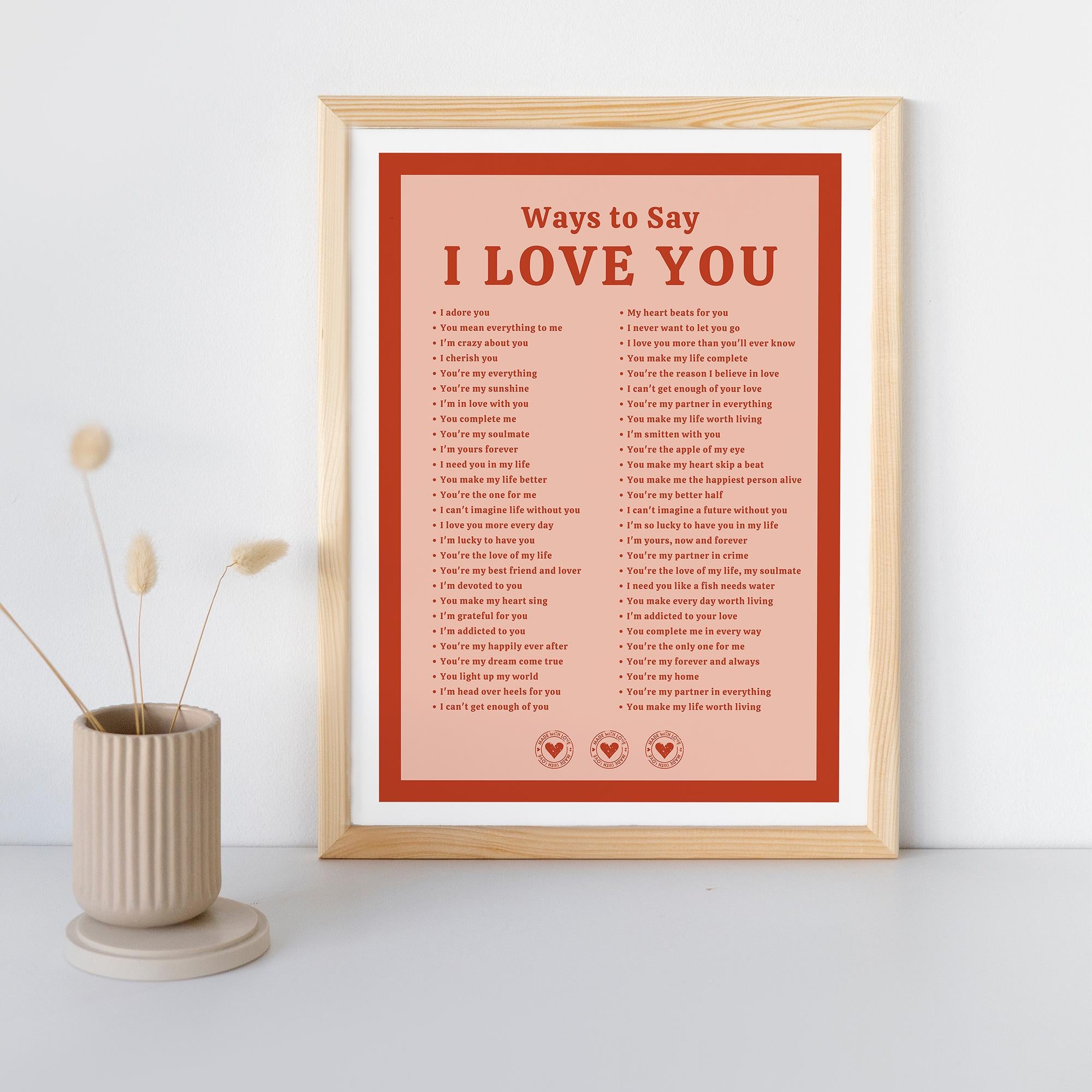 Romantic 'Ways to Say I Love You' Poster - Museum-Quality Print in Premium Wood Frame - Perfect for Home Decor & Thoughtful Gifts