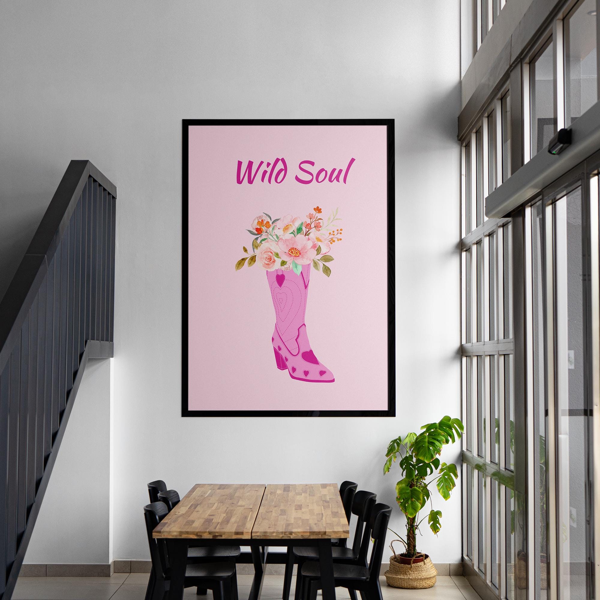 Wild Soul Cowboy Boot Floral Poster - Museum-Quality Matte Paper Print with Solid Wood Frame - Available in White, Black & Natural Wood