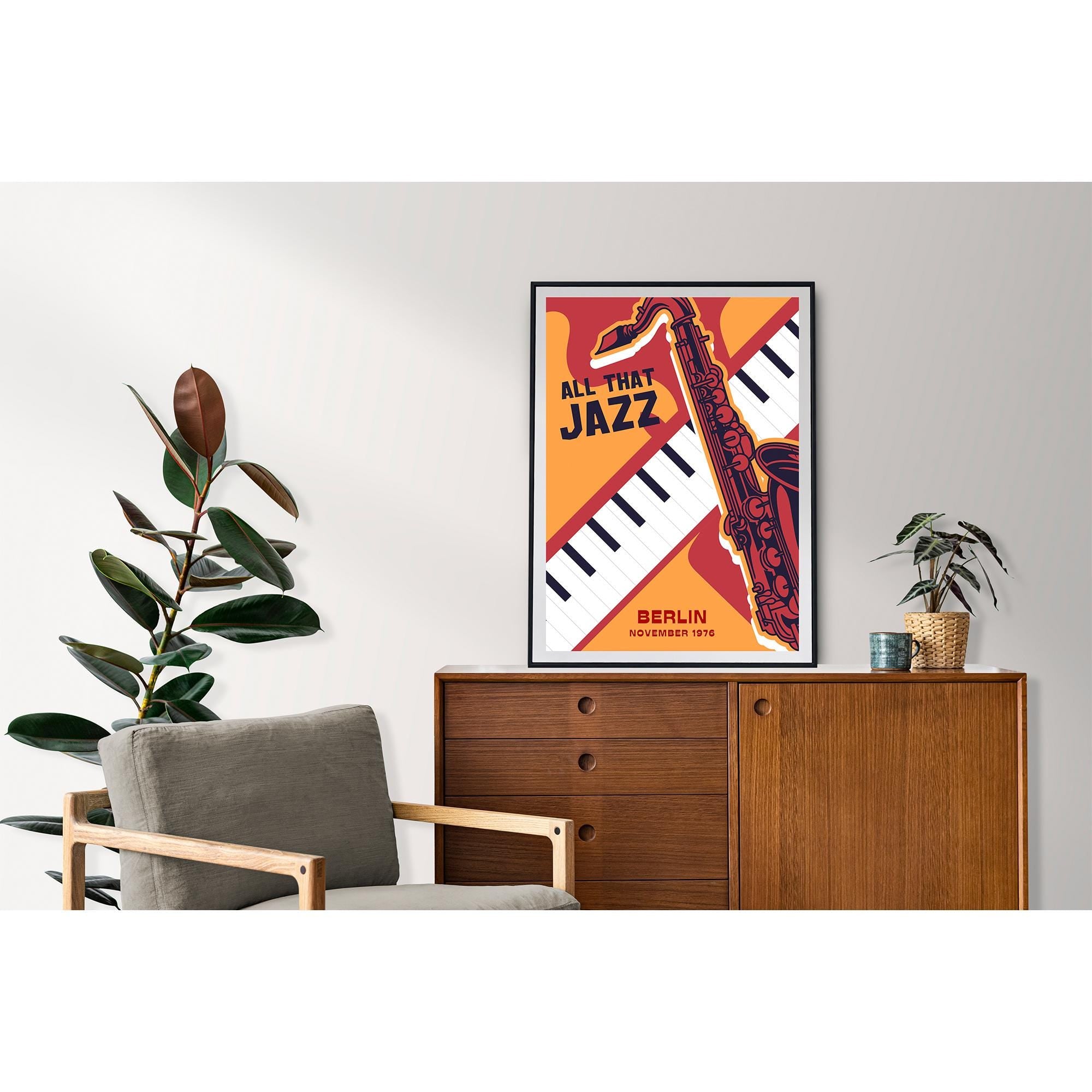 All That Jazz Framed Poster - Museum-Quality Matte Paper, Wood Frame - Saxophone & Piano Artwork, 1976 Berlin Jazz Concert Print