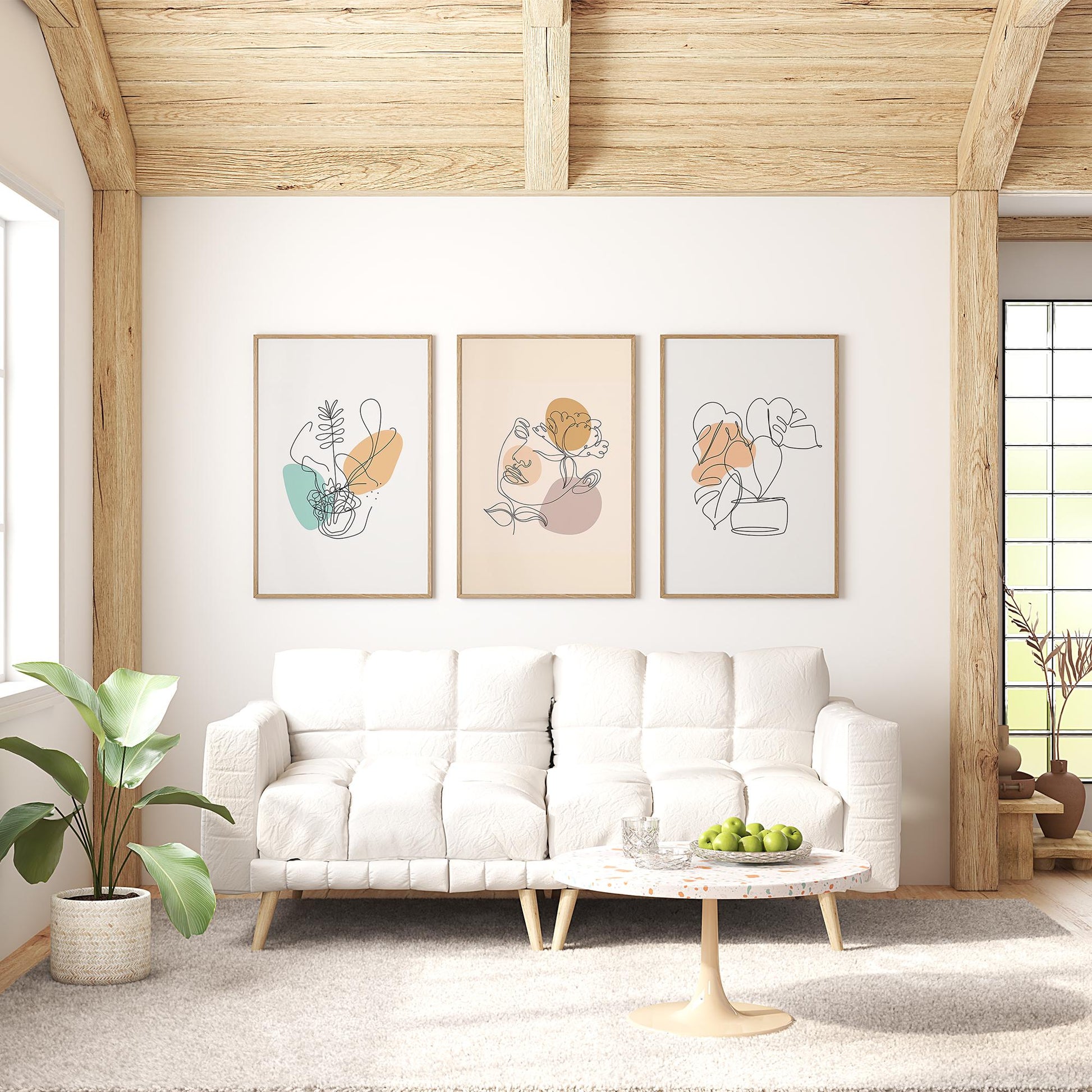 Boho Botanical Line Art Prints – Minimalist Plant & Face Wall Art Set of 3 – Neutral Abstract Poster for Modern Home Decor