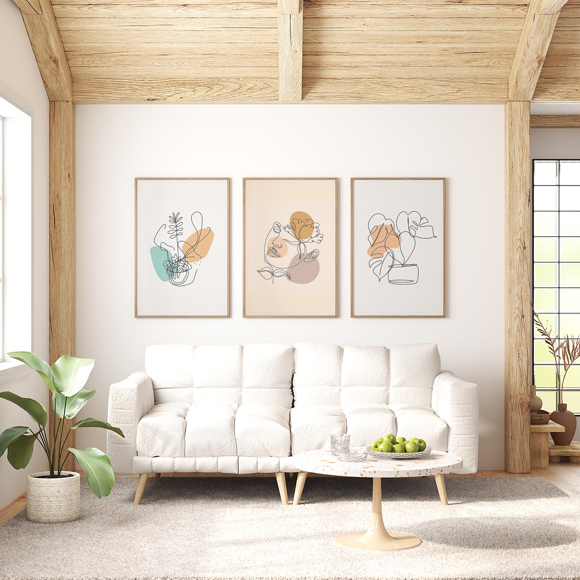 Boho Botanical Line Art Prints – Minimalist Plant & Face Wall Art Set of 3 – Neutral Abstract Poster for Modern Home Decor