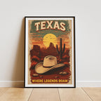 Texas Desert Poster - Premium Wall Art, Cowboy Hat & Cactus Design, FSC Paper, Framed or Canvas Options, Perfect for Rustic Decor