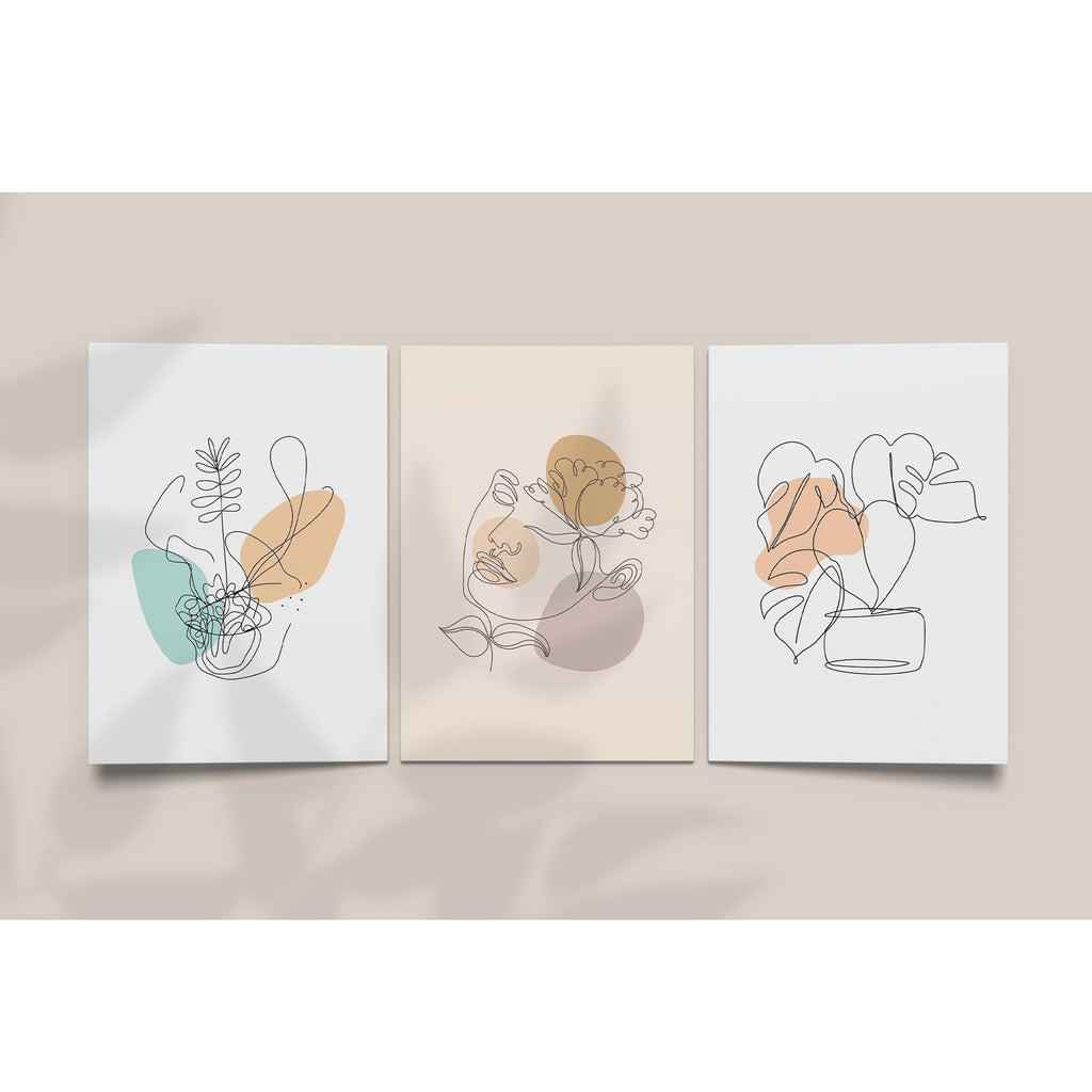 Boho Botanical Line Art Prints – Minimalist Plant & Face Wall Art Set of 3 – Neutral Abstract Poster for Modern Home Decor