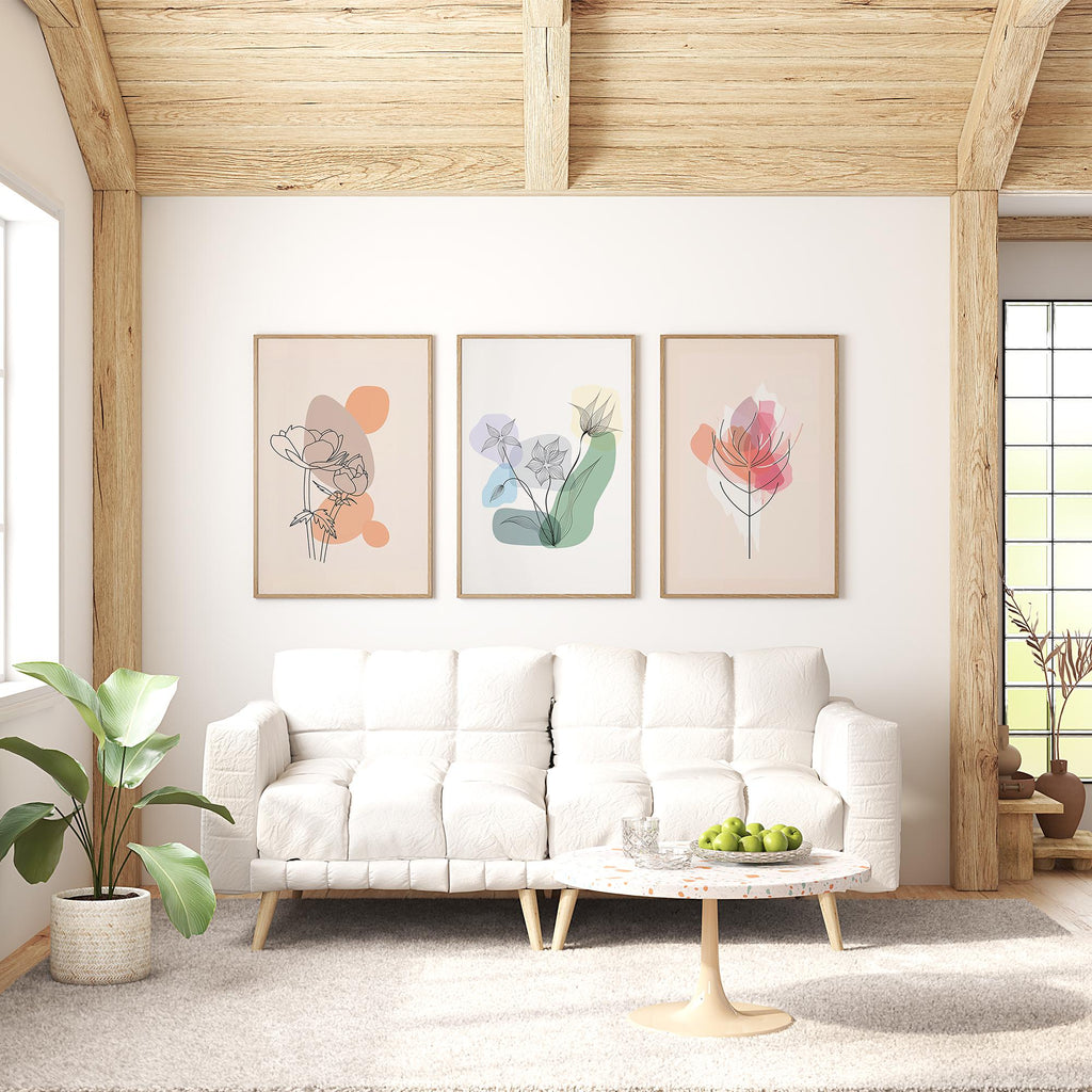 Modern Botanical Line Art Set of 3 – Minimalist Flower Wall Art Prints for Living Room, Bedroom, Office – Nordic Aesthetic Decor