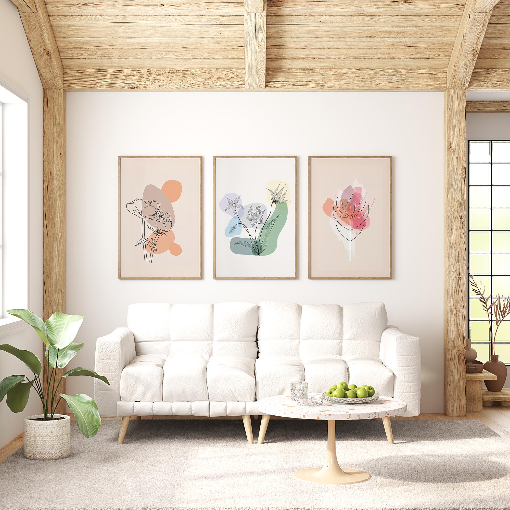 Modern Botanical Line Art Set of 3 – Minimalist Flower Wall Art Prints for Living Room, Bedroom, Office – Nordic Aesthetic Decor