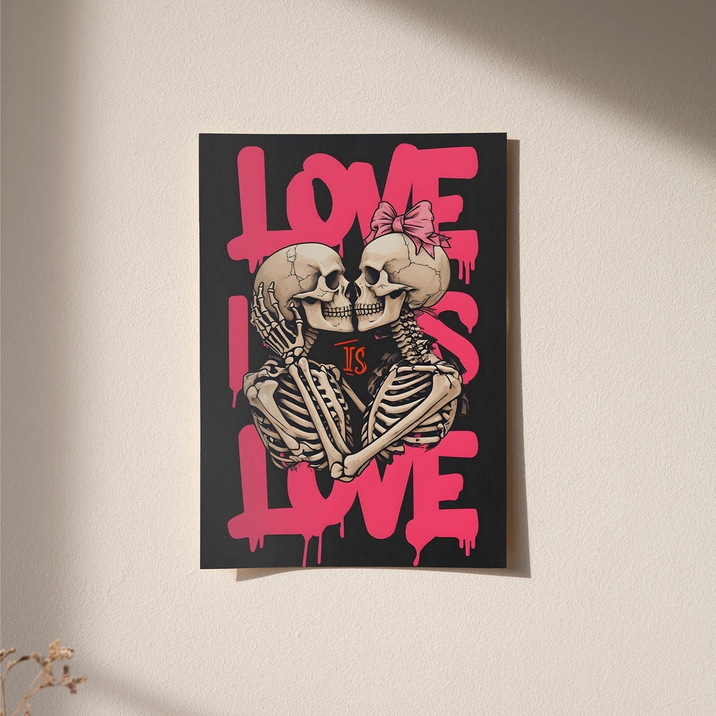 Skeletal Figures Embracing Poster - Love Is Love Art Print - Premium Framed, Museum-Quality Paper, Sustainable Materials - 15 Sizes