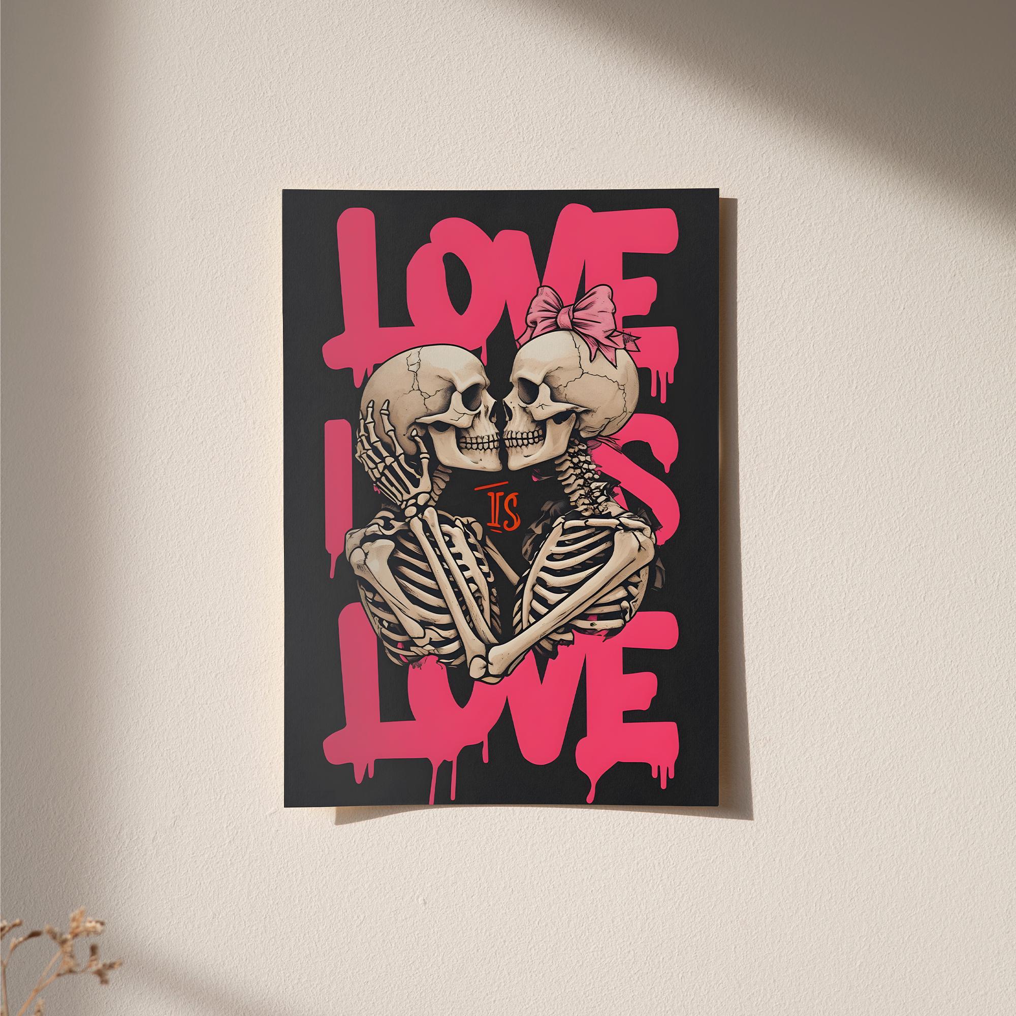 Skeletal Figures Embracing Poster - Love Is Love Art Print - Premium Framed, Museum-Quality Paper, Sustainable Materials - 15 Sizes