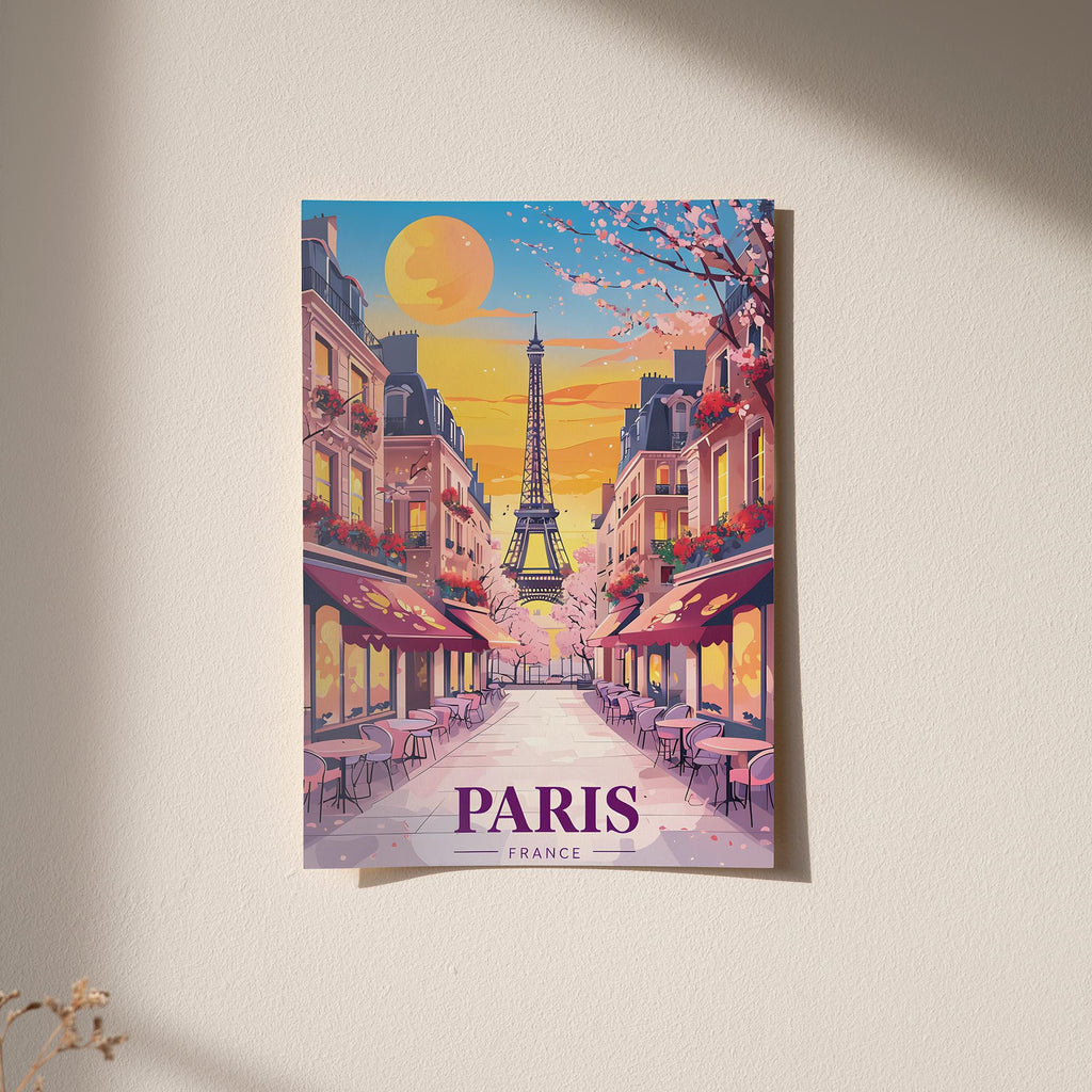 Paris Sunset Poster - Eiffel Tower Wall Art - Romantic Parisian Street - Framed & Unframed Options - Home and Cafe Decor