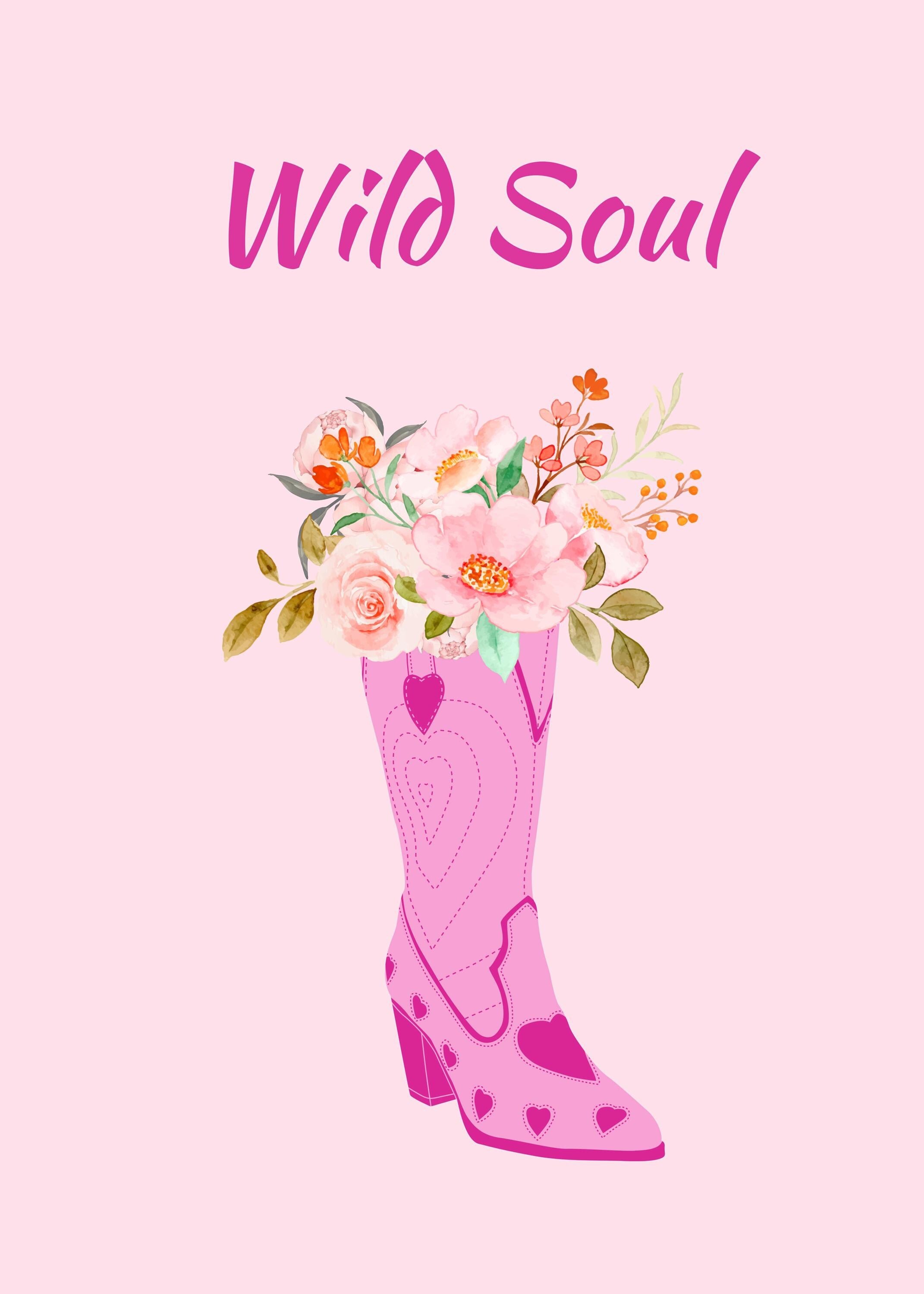 Wild Soul Cowboy Boot Floral Poster - Museum-Quality Matte Paper Print with Solid Wood Frame - Available in White, Black & Natural Wood