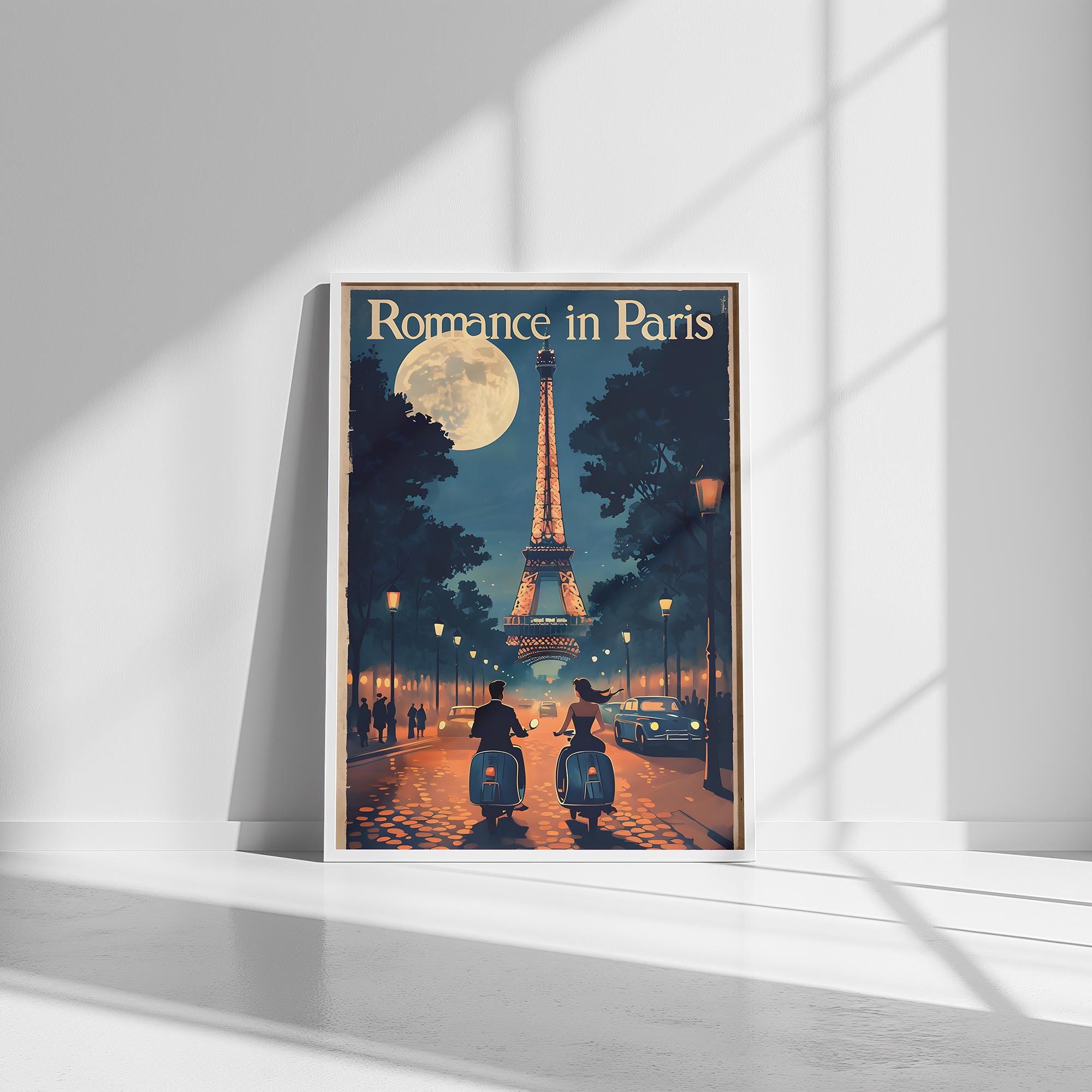 Romantic Paris Wall Art - Eiffel Tower Night Scene - Museum-Quality Poster with Durable Wooden Frame, Perfect Home Decor Gift