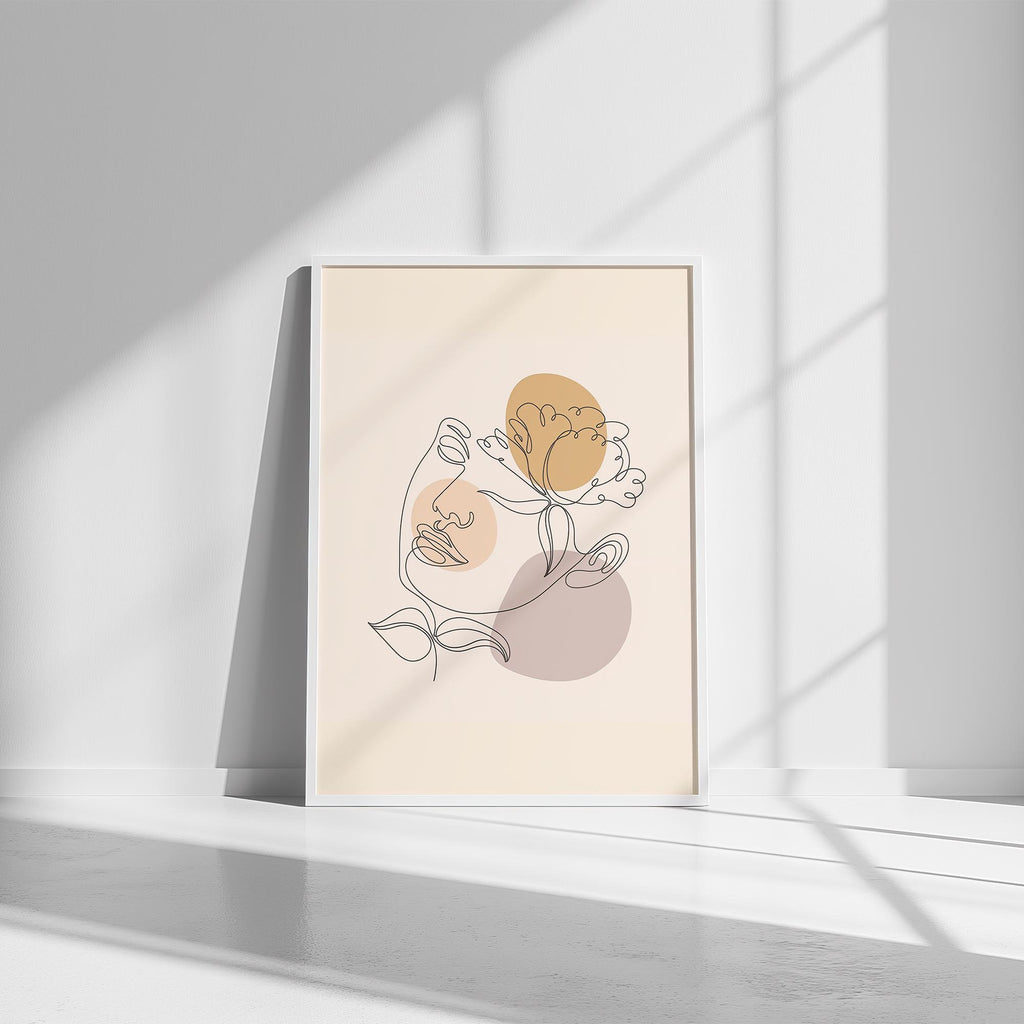 Modern One Line Face Art Print – Minimalist Floral Abstract Wall Art, Neutral Boho Canvas & Framed Poster, Aesthetic Home Decor