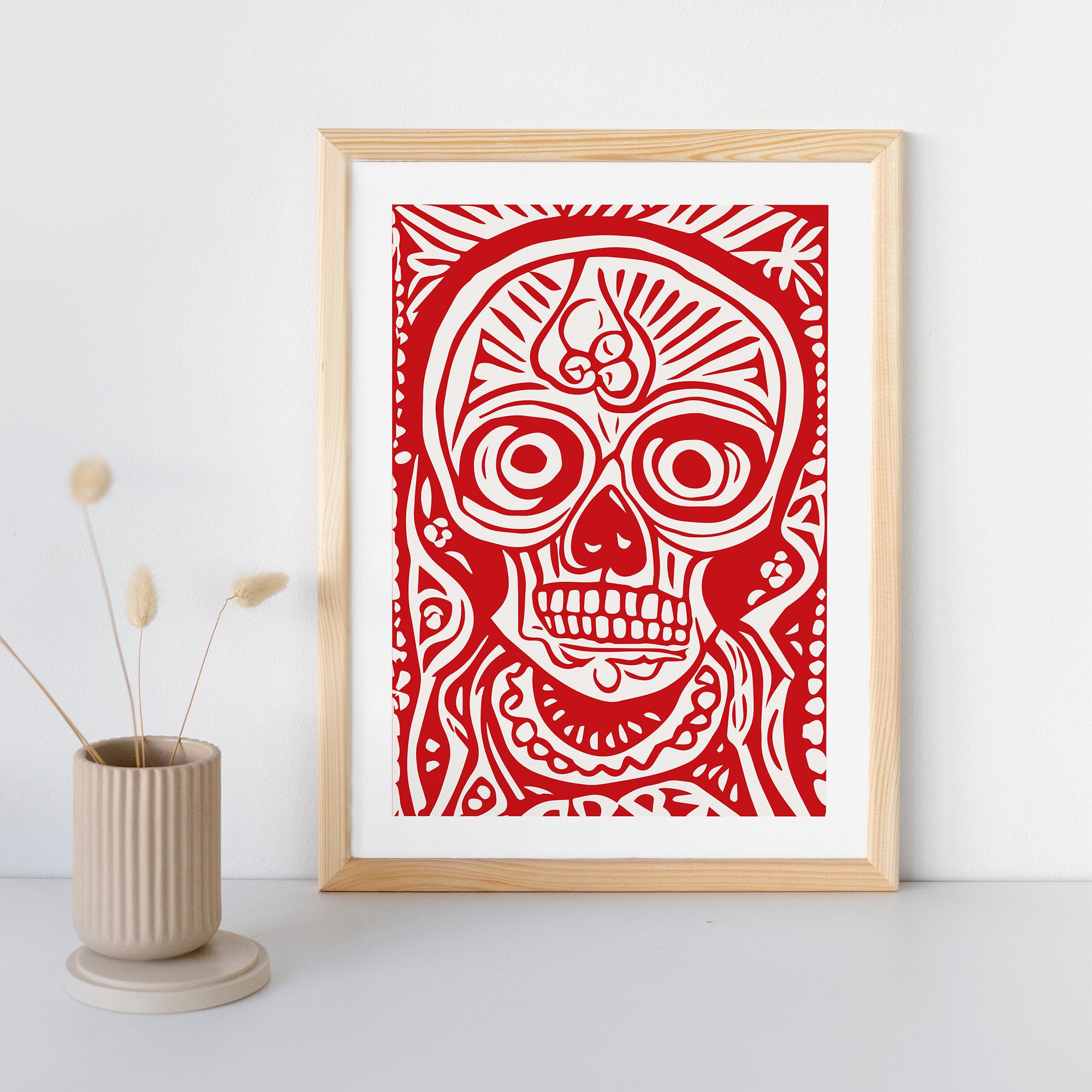 Bold Red Skull Art Print - Museum Quality, Framed in Durable Wood, Ready to Hang, High-Quality Paper, Perfect for Art Lovers!