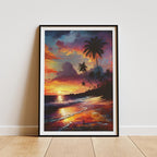 Tropical Sunset Beach Wall Art | Palm Tree Canvas Print | Ocean Sunset Decor | Vibrant Seascape Painting | Framed or Unframed Poster