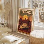 Texas Desert Poster - Premium Wall Art, Cowboy Hat & Cactus Design, FSC Paper, Framed or Canvas Options, Perfect for Rustic Decor