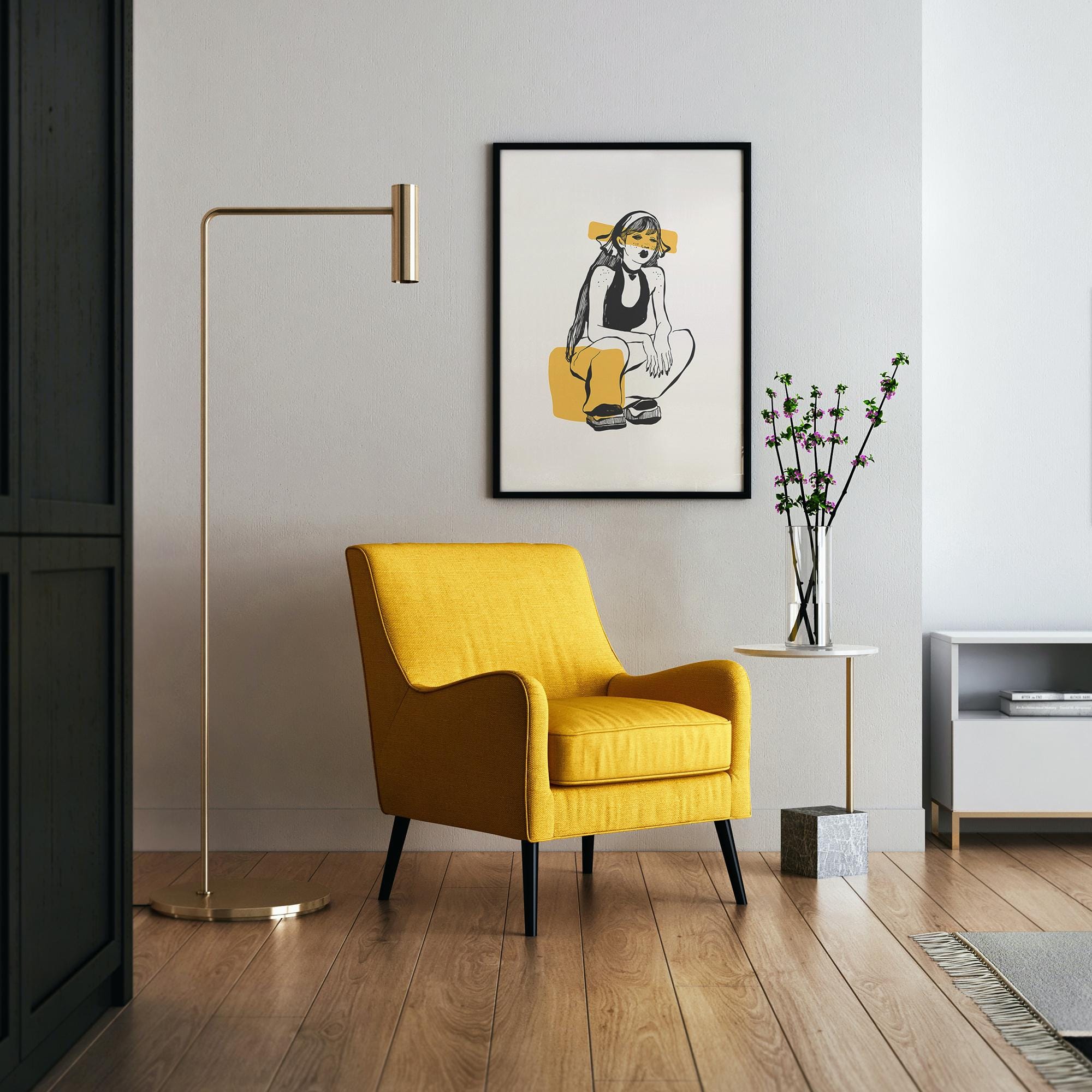 Abstract Illustration Framed Poster - Minimalist Black/Yellow Art Print - Matte Paper with Black/Wood/White Frame - Multiple Sizes