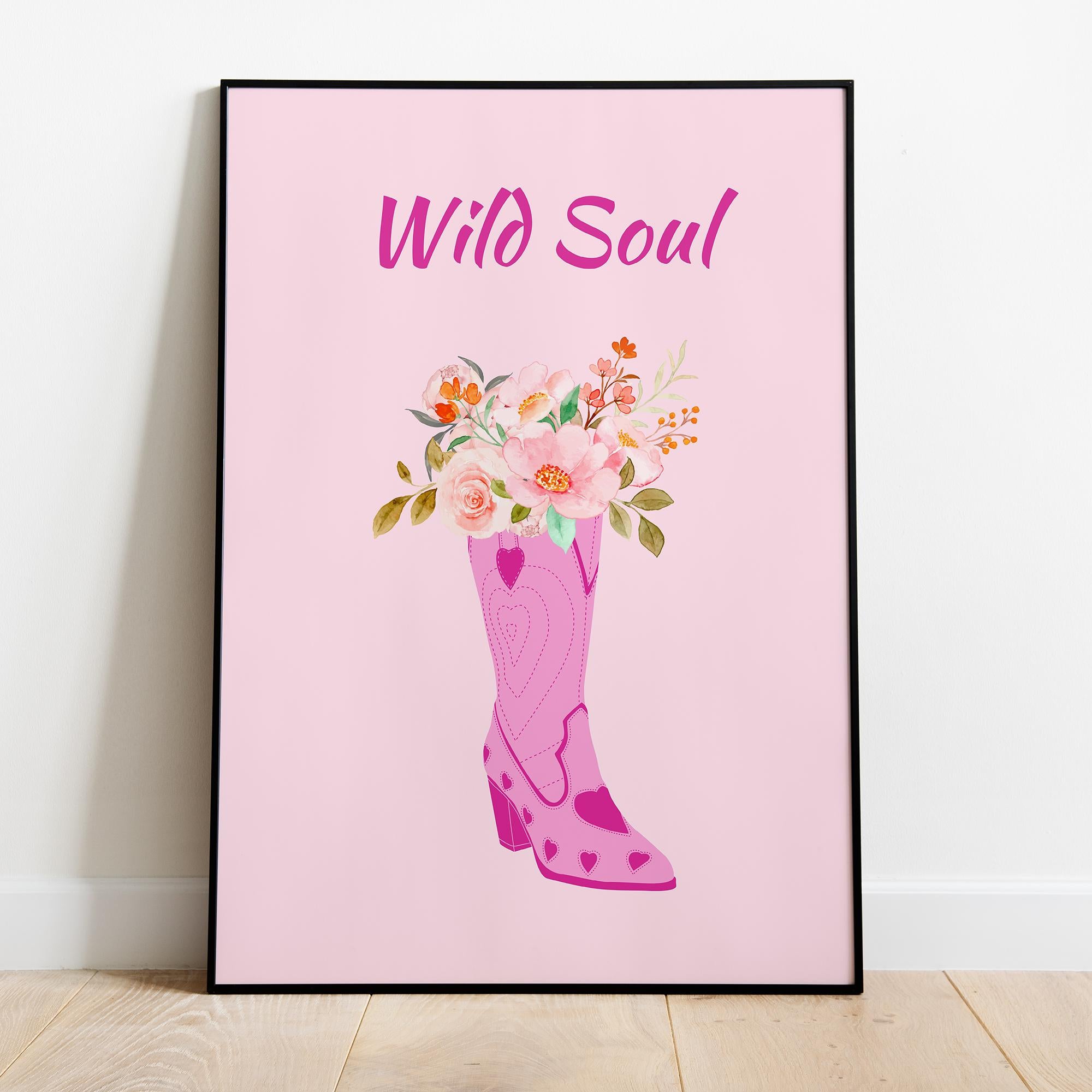 Wild Soul Cowboy Boot Floral Poster - Museum-Quality Matte Paper Print with Solid Wood Frame - Available in White, Black & Natural Wood