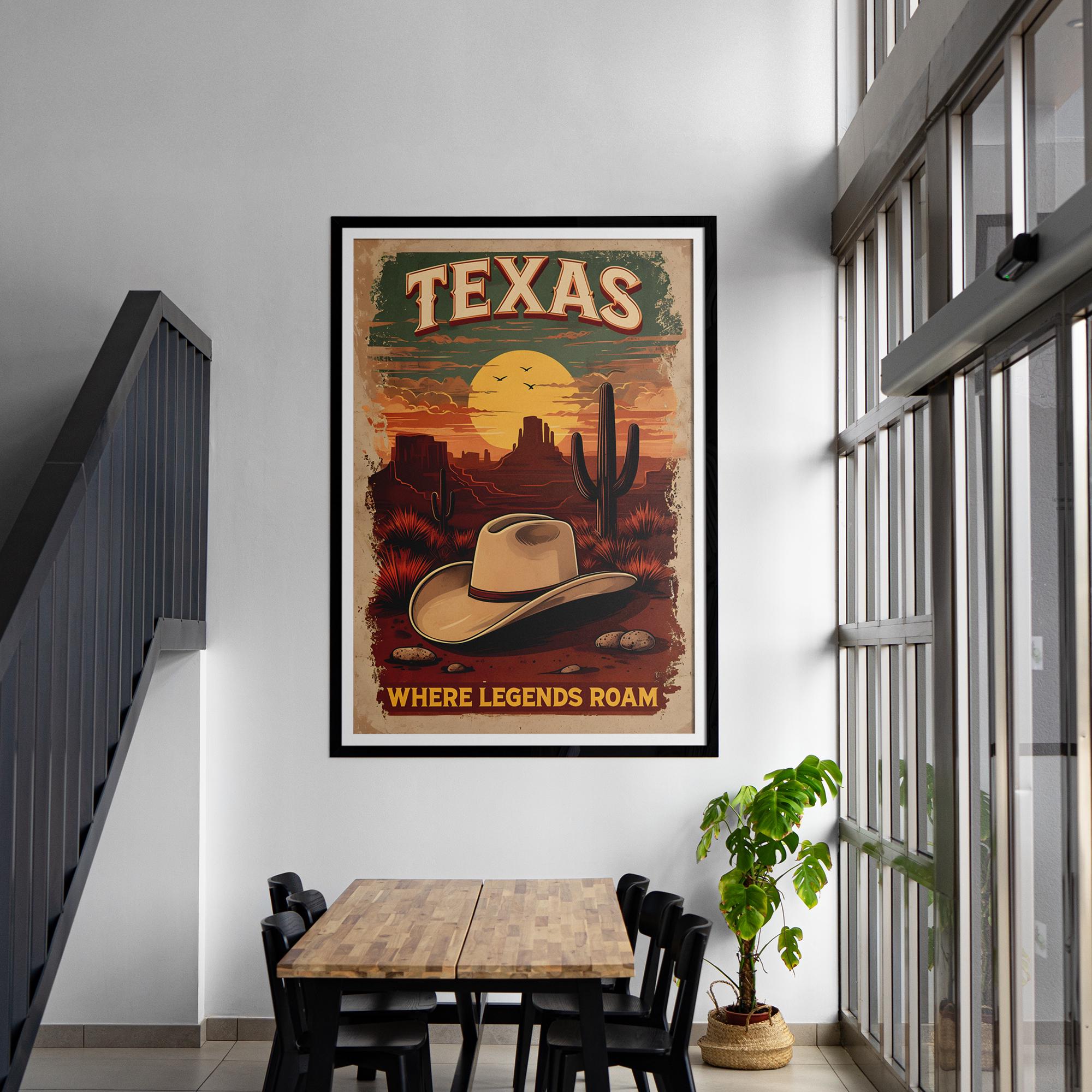 Texas Desert Poster - Premium Wall Art, Cowboy Hat & Cactus Design, FSC Paper, Framed or Canvas Options, Perfect for Rustic Decor