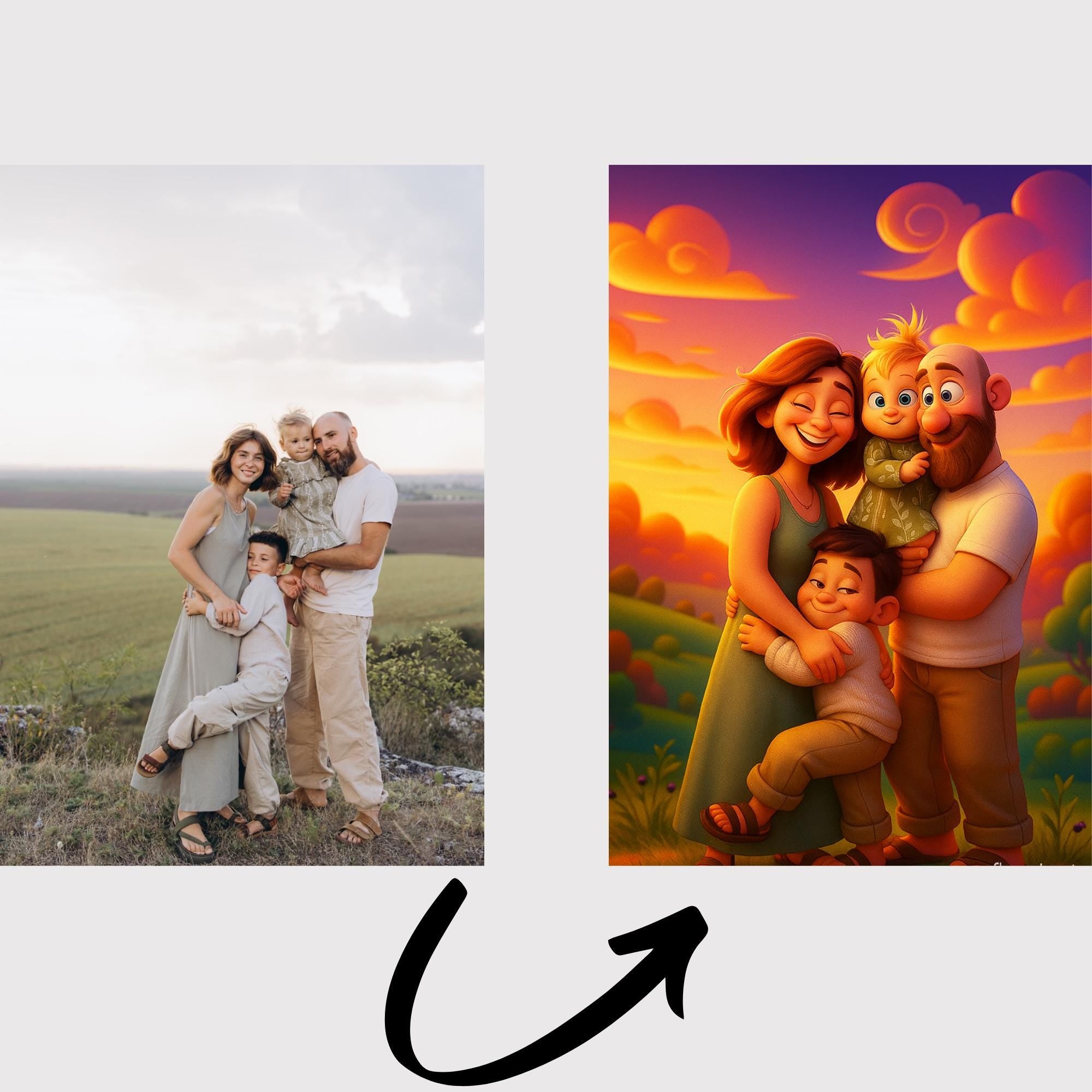 Custom Animated Character Family Portrait – Personalized Cartoon Style Art