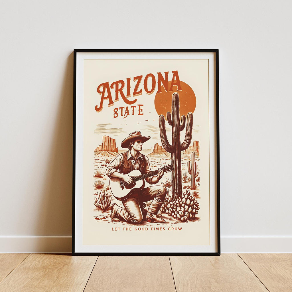 Arizona Desert Cowboy Art | Framed Poster or Canvas | Guitar & Cactus Wall Decor | Premium Quality | Multiple Sizes Frame Colors