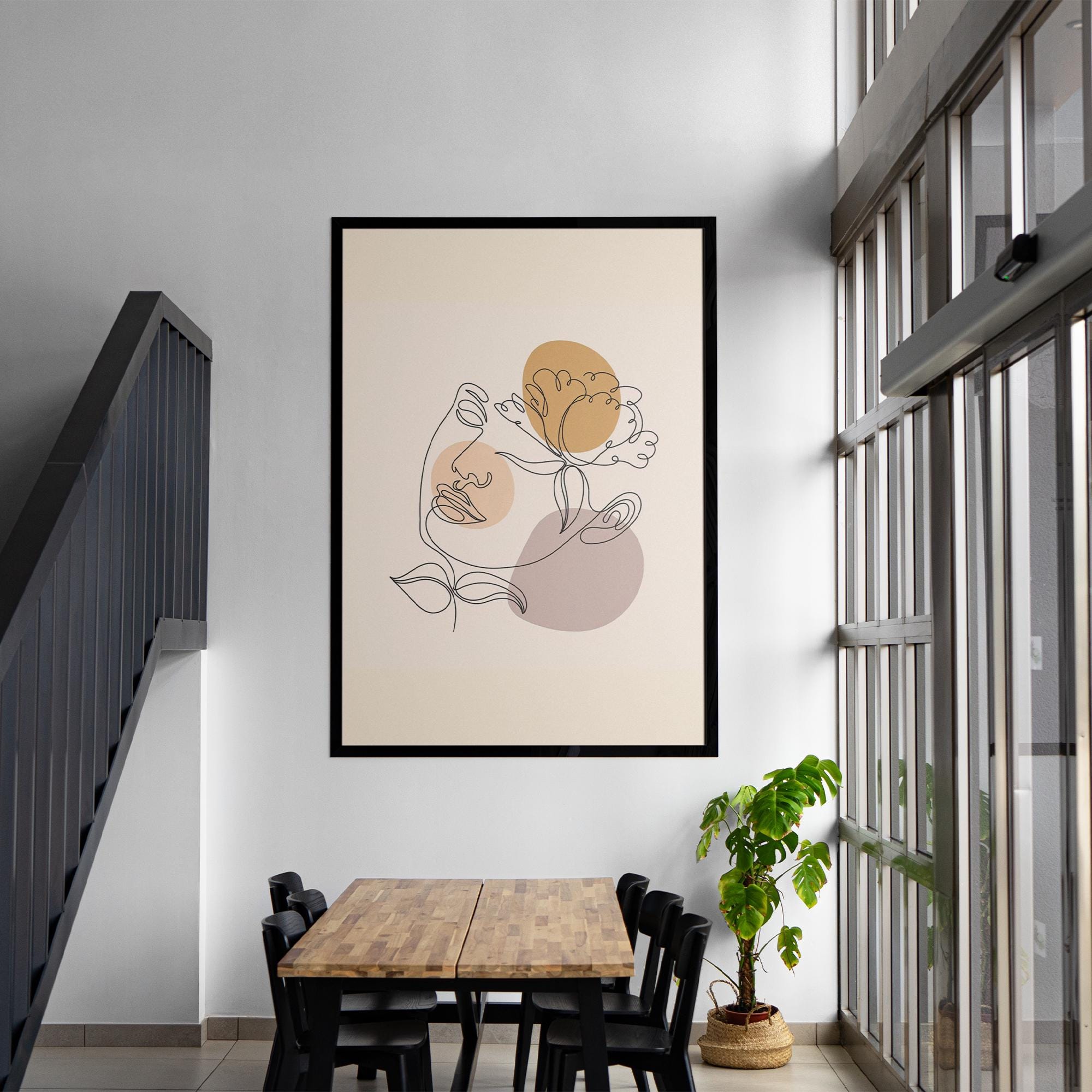 Modern One Line Face Art Print – Minimalist Floral Abstract Wall Art, Neutral Boho Canvas & Framed Poster, Aesthetic Home Decor